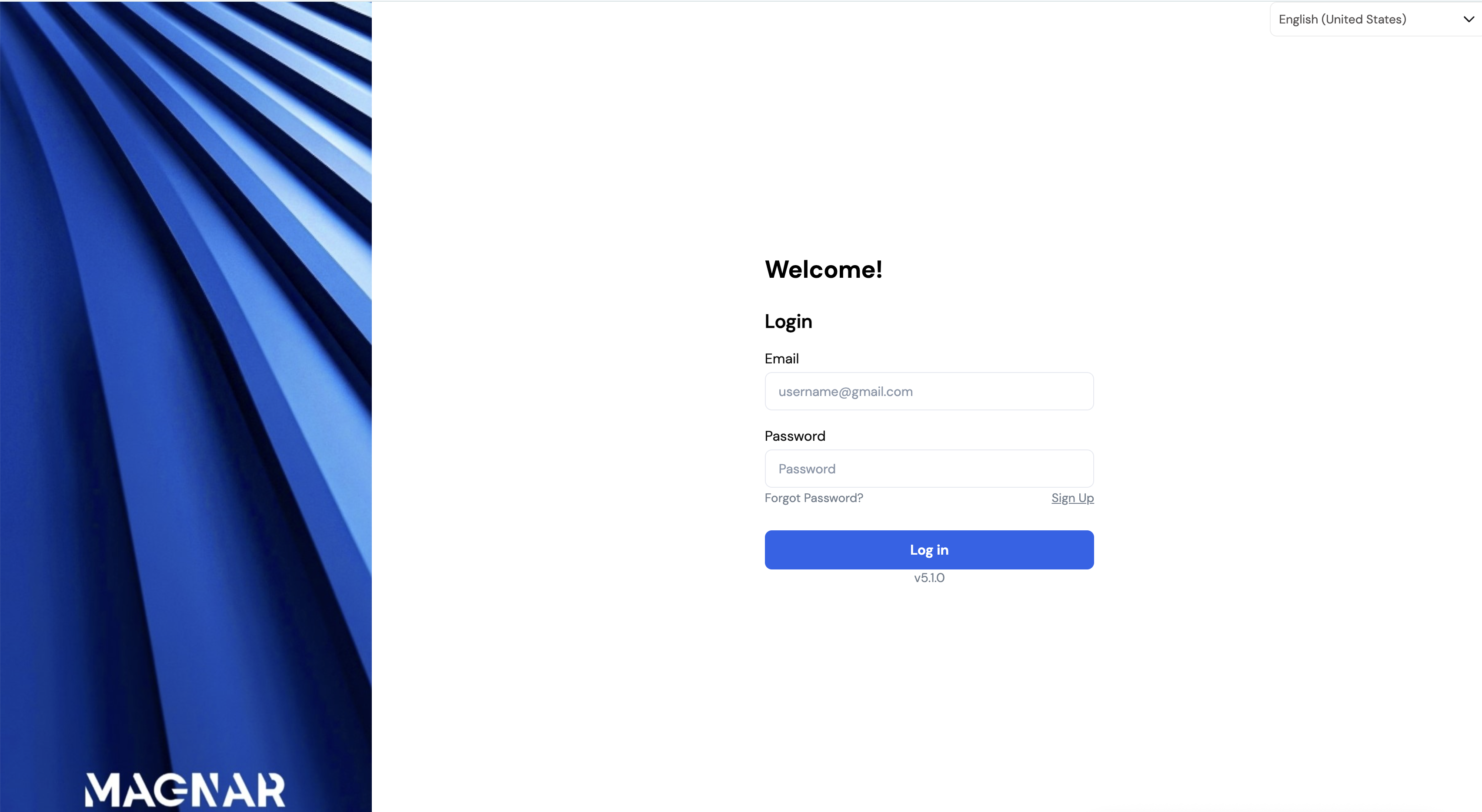 Magnar HCM desktop login screen showing the Welcome! heading, Email and Password fields, Forgot Password link, Sign Up link, and Log in button, with a blue geometric background on the left and the Magnar logo at the bottom