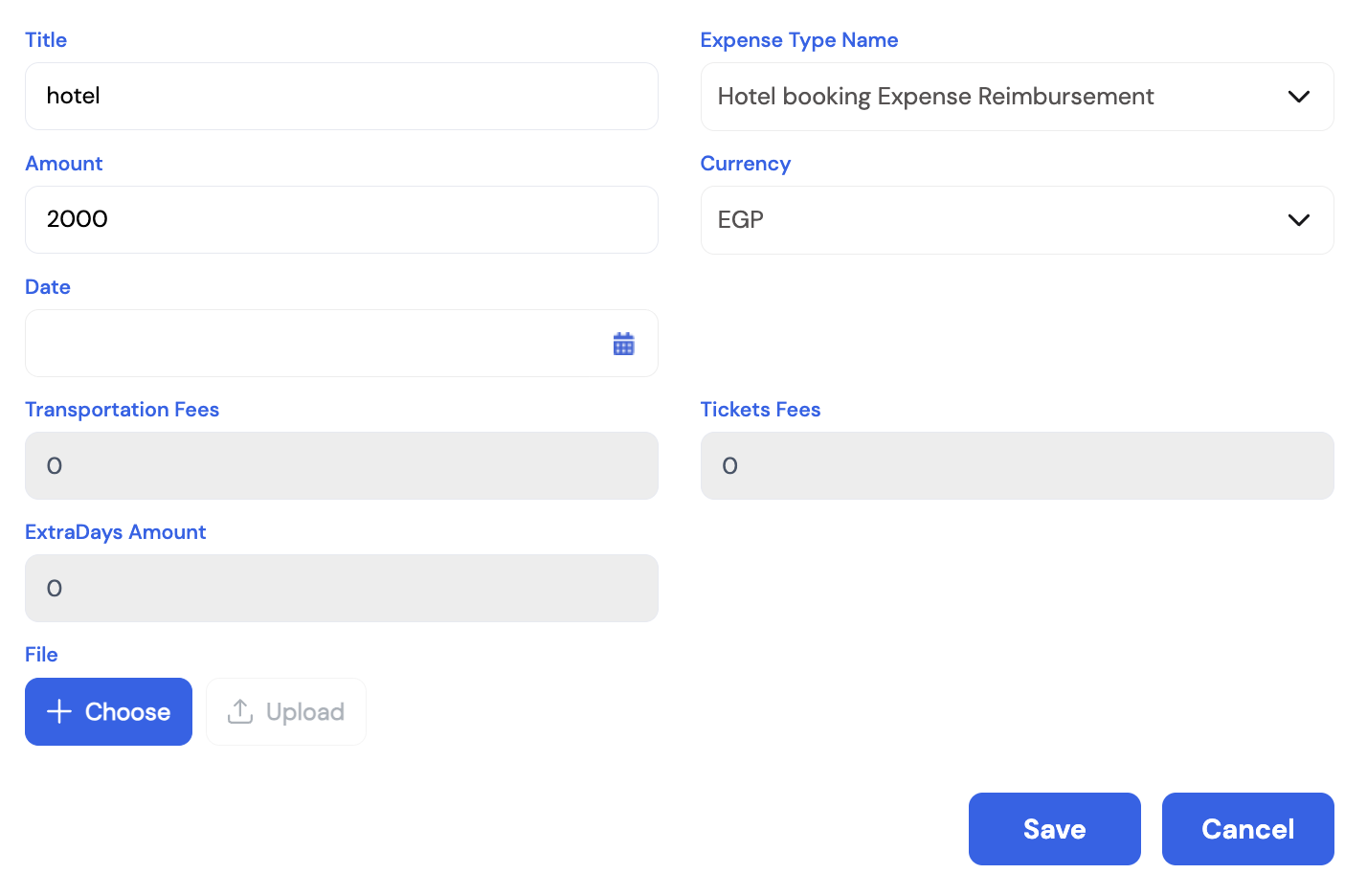 Add expense line item dialog showing Title (hotel), Expense Type Name (Hotel booking Expense Reimbursement), Amount (2000), Currency (EGP), Date, Transportation Fees (0, read-only), Tickets Fees (0, read-only), ExtraDays Amount (0, read-only) and File upload