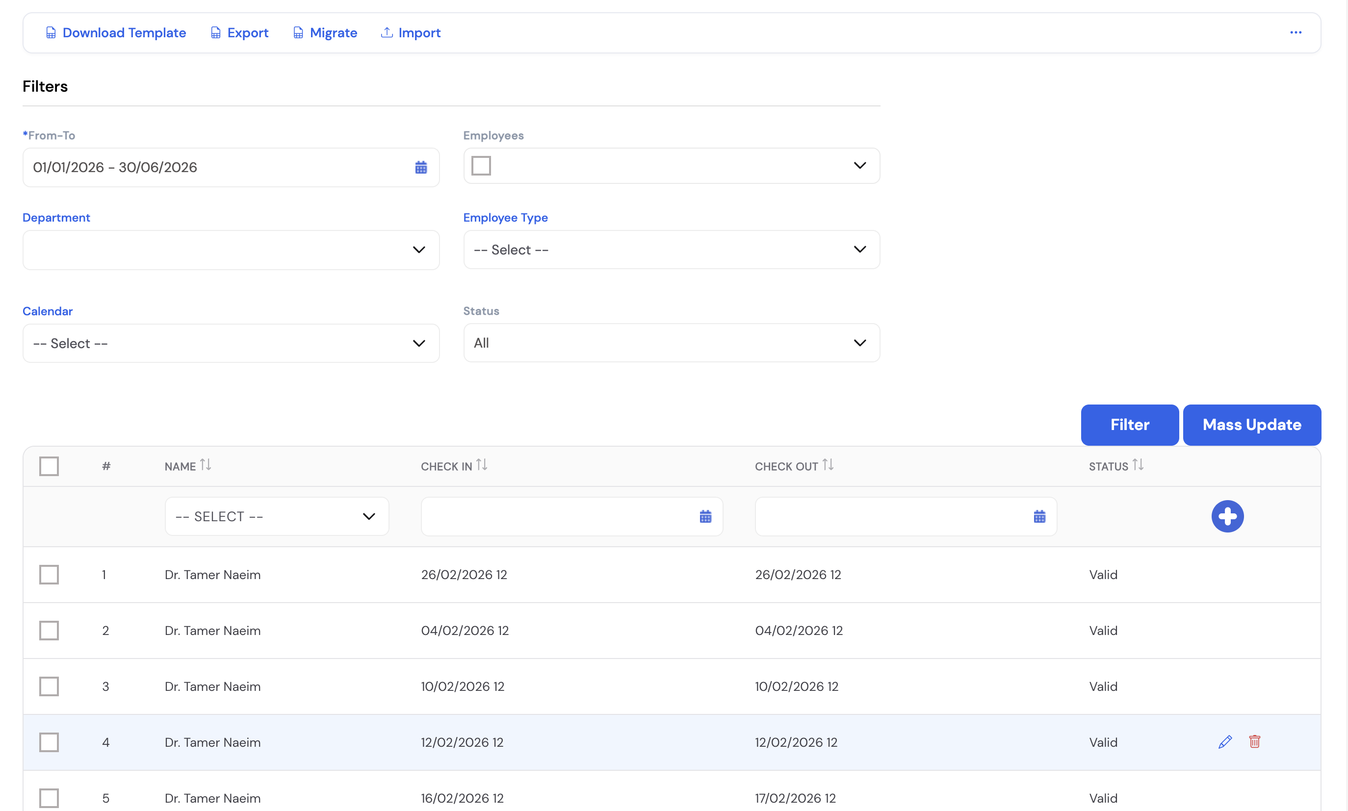 Attendance Records screen showing From-To date range, Employees, Department, Employee Type, Calendar and Status filters, Download Template, Export, Migrate and Import toolbar buttons, and a results grid showing Name, Check In, Check Out and Status (Valid) columns with Mass Update button