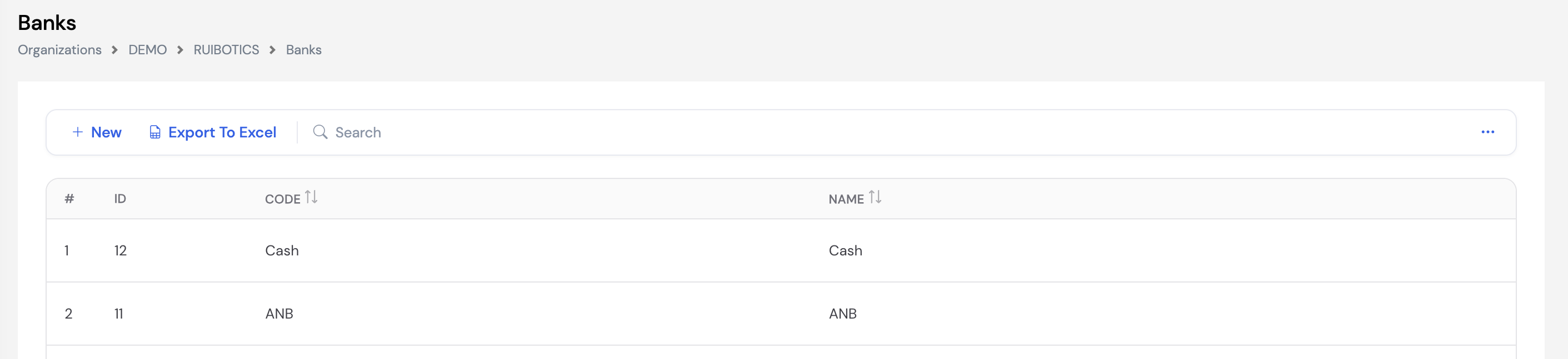 Banks list showing two entries: Cash (ID 12) and ANB (ID 11) with ID, Code and Name columns