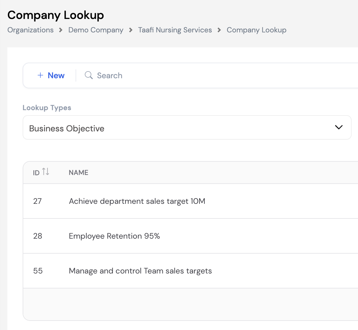 Company Lookup showing Business Objective type with entries: Achieve department sales target 10M, Employee Retention 95%, Manage and control Team sales targets