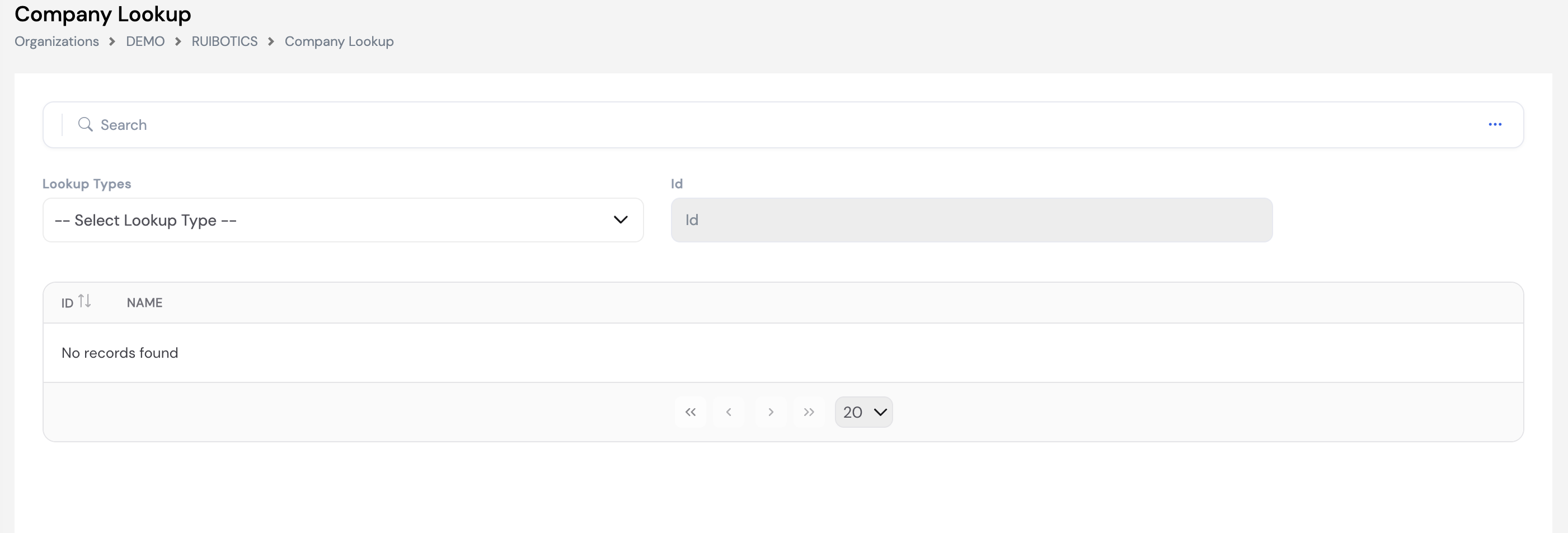 Company Lookup screen with Lookup Types dropdown and Id field showing a list view with ID and Name columns