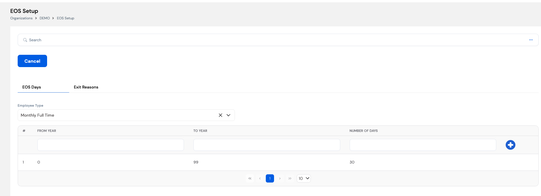 EOS Setup screen showing EOS Days tab with Employee Type set to Monthly Full Time and a service band of 0 to 99 years with 30 days