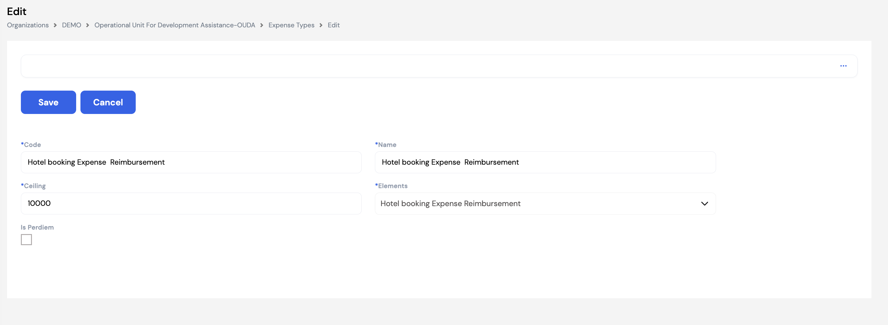 Expense Type edit form showing Code (Hotel booking Expense Reimbursement), Name (Hotel booking Expense Reimbursement), Ceiling (10000), Elements (Hotel booking Expense Reimbursement) and Is Perdiem checkbox (unchecked)