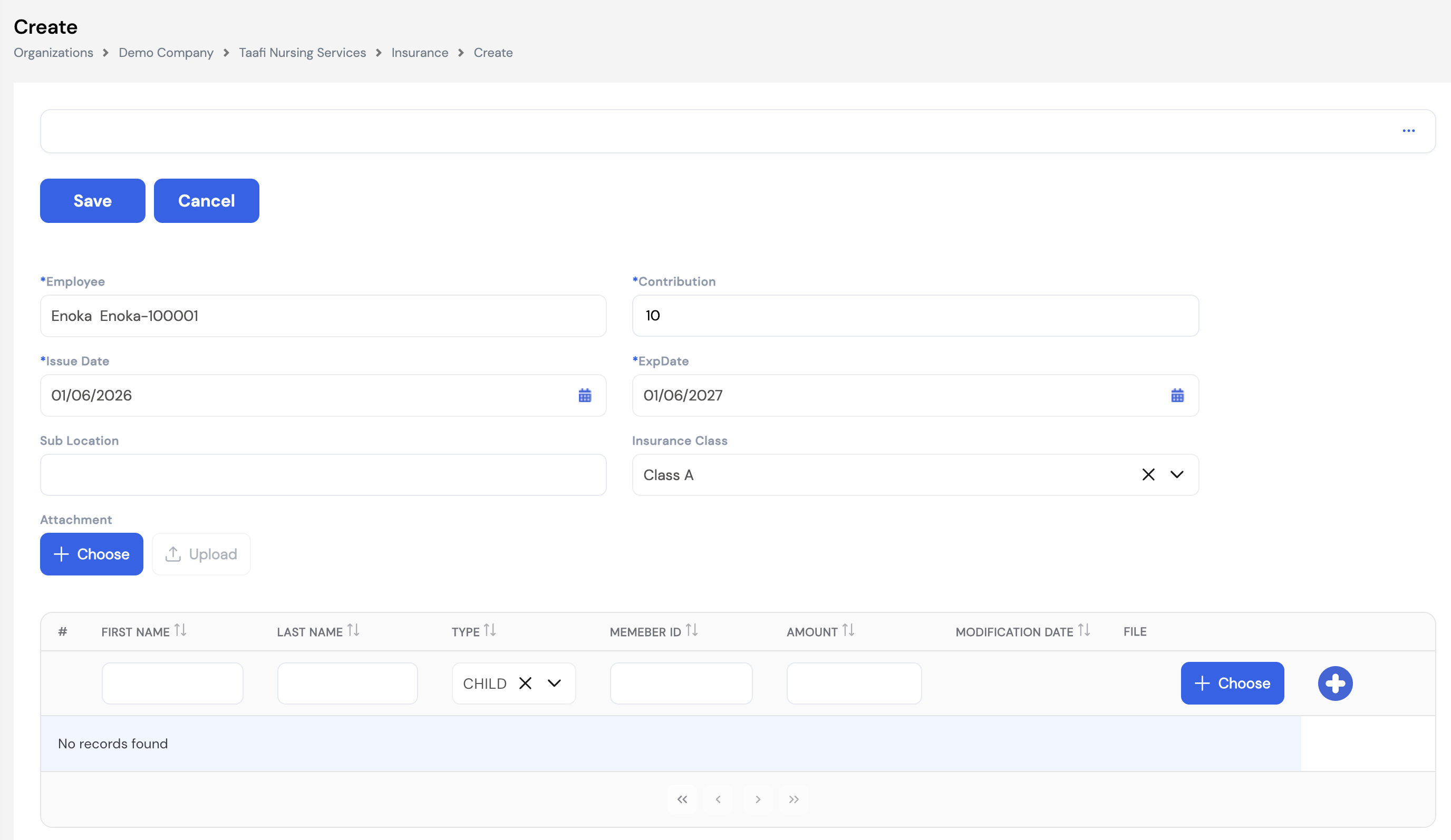 Create Insurance Policy form