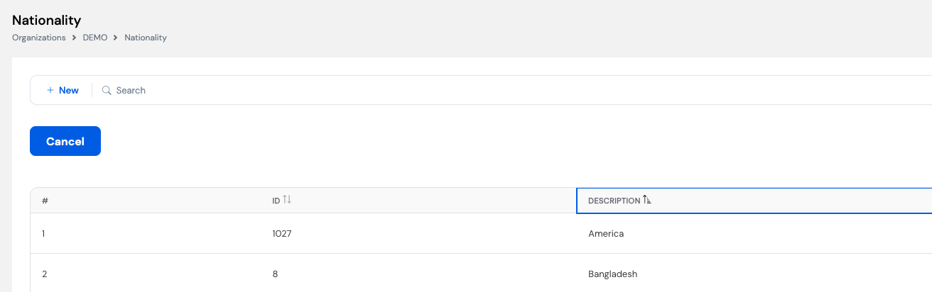Nationality list showing two entries: America (ID 1027) and Bangladesh (ID 8)