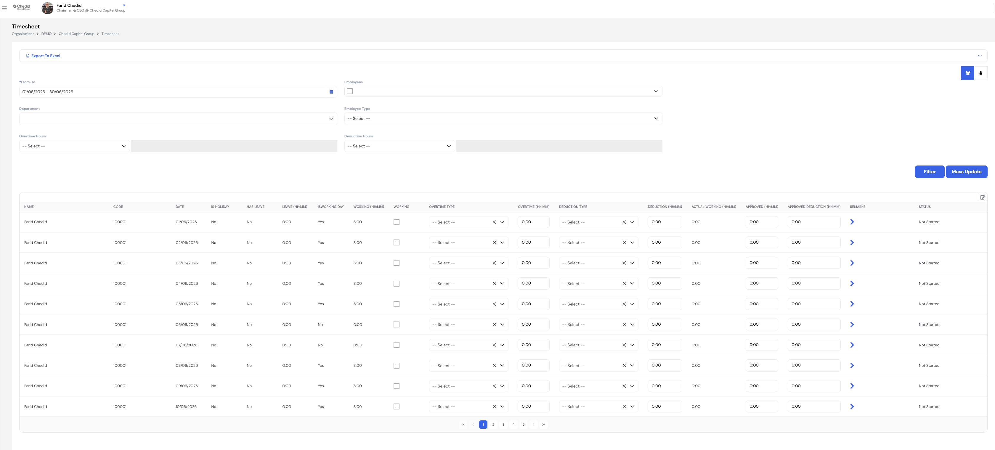 Timesheet admin view showing From-To date range, Employees, Department, Employee Type, Overtime Hours and Deduction Hours filters with a results grid displaying Name, Code, Date, Is Holiday, Has Leave, Leave (HH:MM), Is Working Day, Working (HH:MM), Working checkbox, Overtime Type, Overtime (HH:MM), Deduction Type, Deduction (HH:MM), Actual Working, Approved, Approved Deduction, Remarks and Status columns