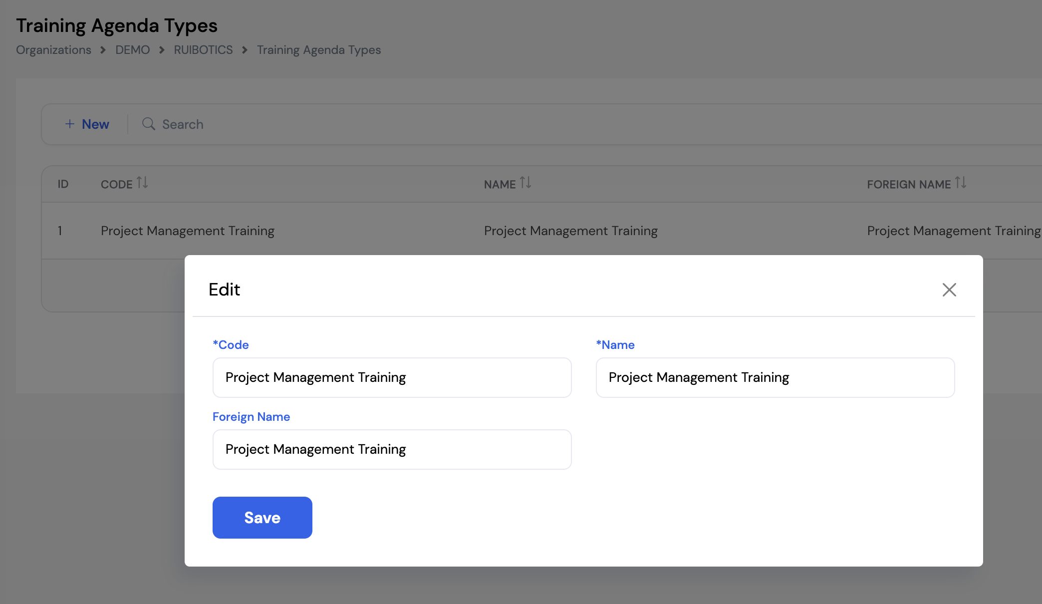 Training Agenda Types list showing Project Management Training, with Edit dialog open showing Code, Name and Foreign Name fields all set to Project Management Training