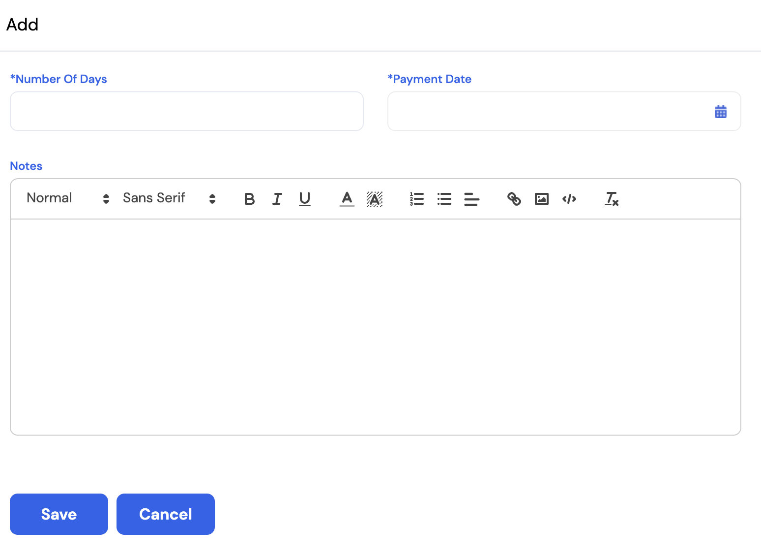 Add Leave Encashment dialog showing Number of Days, Payment Date and Notes fields