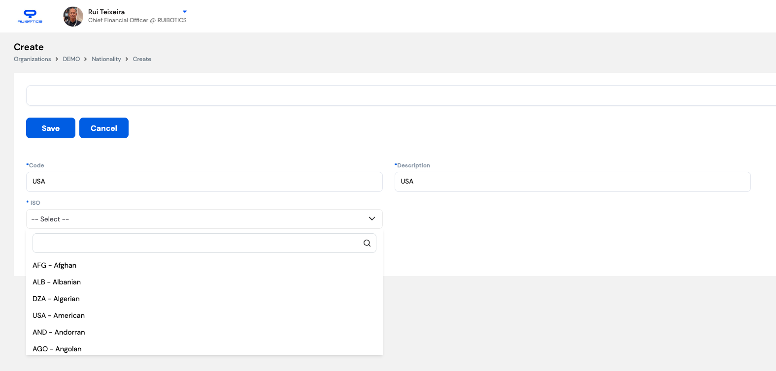 Create Nationality form showing Code field (USA), Description field (USA), and ISO dropdown with searchable list of nationalities including Afghan, Albanian, Algerian, American and more