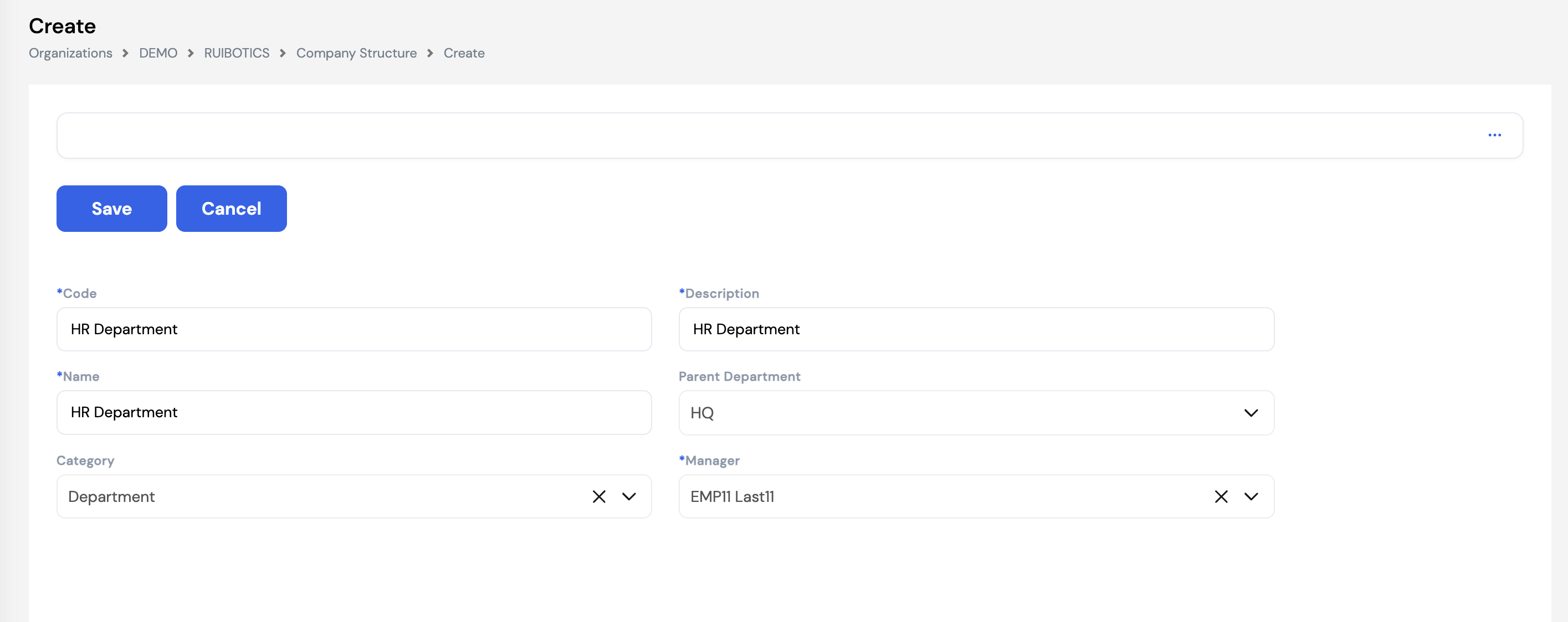 Create Company Structure form showing Code (HR Department), Description (HR Department), Name (HR Department), Parent Department (HQ), Category (Department) and Manager (EMP11 Last11) fields
