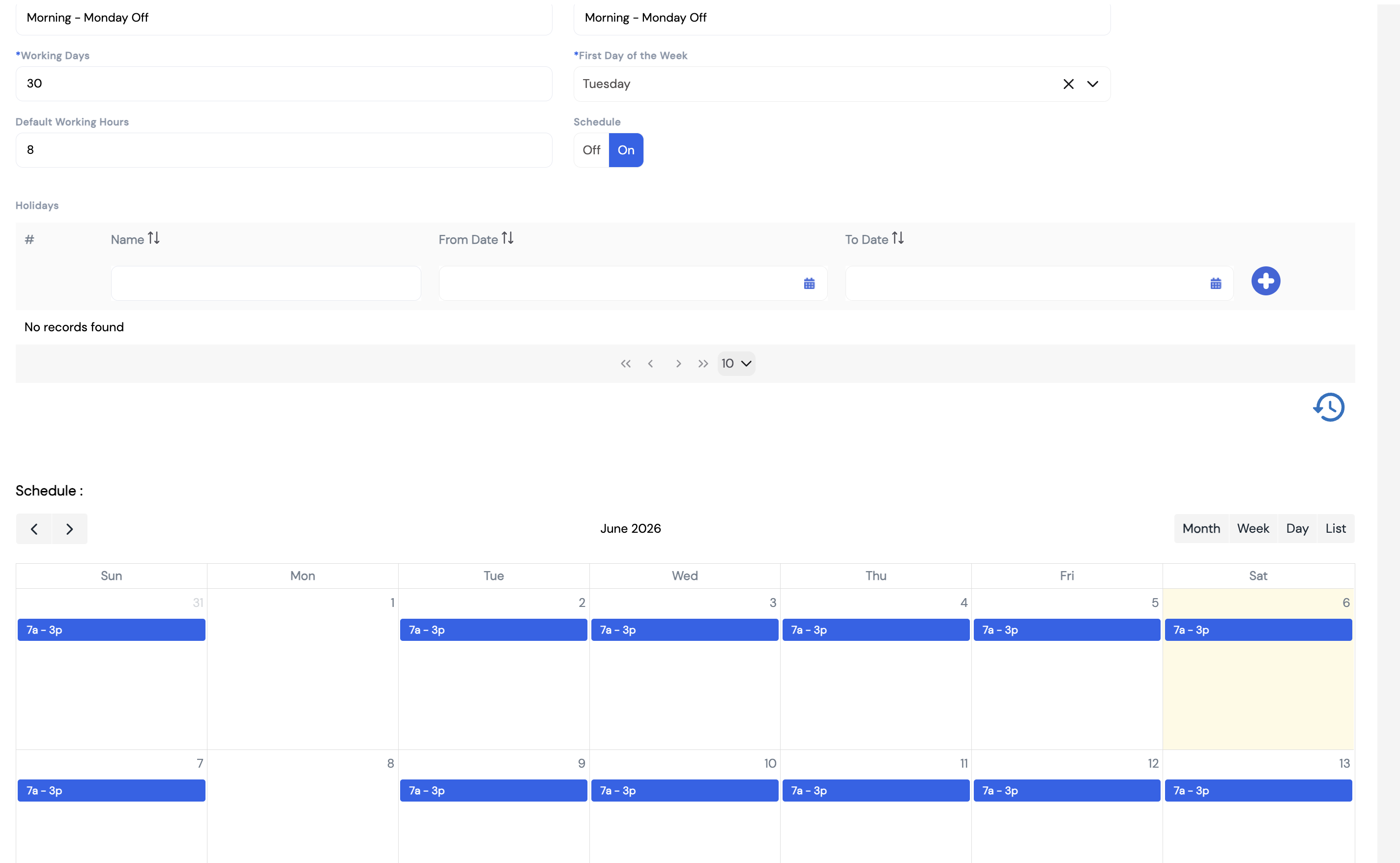 Shift-based calendar view for Morning - Monday Off showing Schedule On, a monthly calendar for June 2026 with 7a-3p shift shown on Sunday, Tuesday through Saturday. Monday is blank (day off).