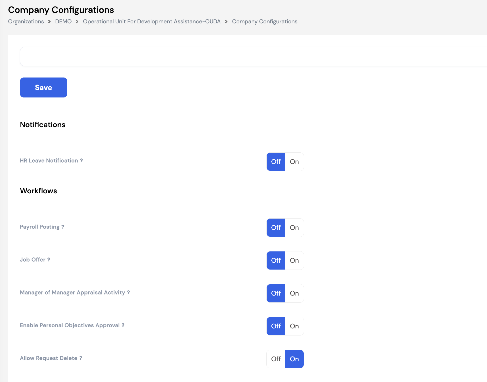 Company Configurations - Notifications section (HR Leave Notification toggle Off/On) and Workflows section (Payroll Posting, Job Offer, Manager of Manager Appraisal Activity, Enable Personal Objectives Approval, Allow Request Delete toggles)