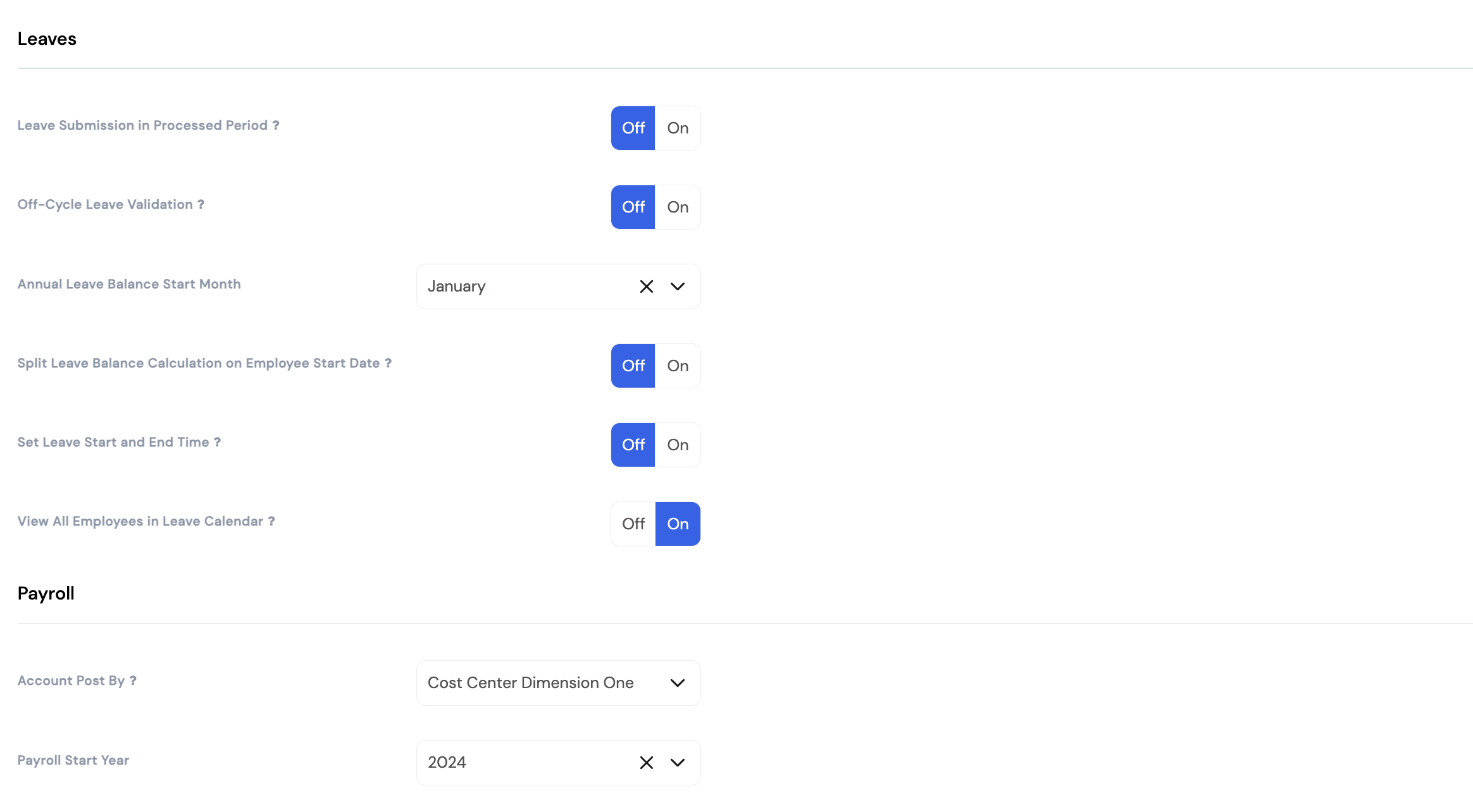 Company Configurations - Leaves section (Leave Submission in Processed Period, Off-Cycle Leave Validation, Annual Leave Balance Start Month (January), Split Leave Balance Calculation on Employee Start Date, Set Leave Start and End Time, View All Employees in Leave Calendar) and Payroll section (Account Post By: Cost Center Dimension One, Payroll Start Year: 2024)