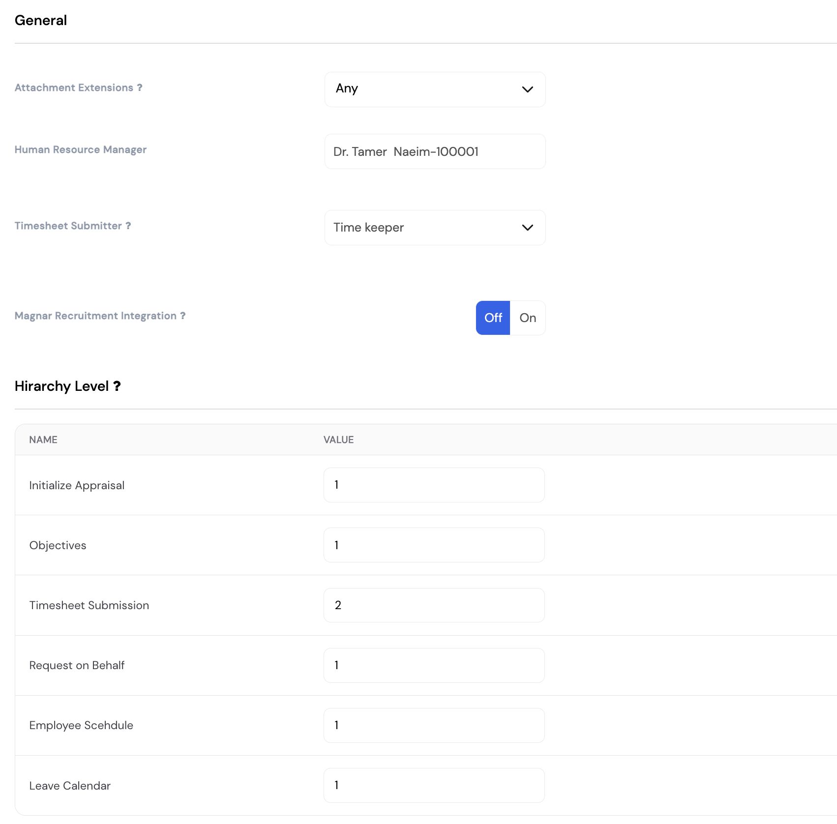 Company Configurations - General section (Attachment Extensions: Any, Human Resource Manager: Dr. Tamer Naeim, Timesheet Submitter: Time keeper, Magnar Recruitment Integration toggle) and Hierarchy Level section with values for Initialize Appraisal (1), Objectives (1), Timesheet Submission (2), Request on Behalf (1), Employee Schedule (1), Leave Calendar (1)