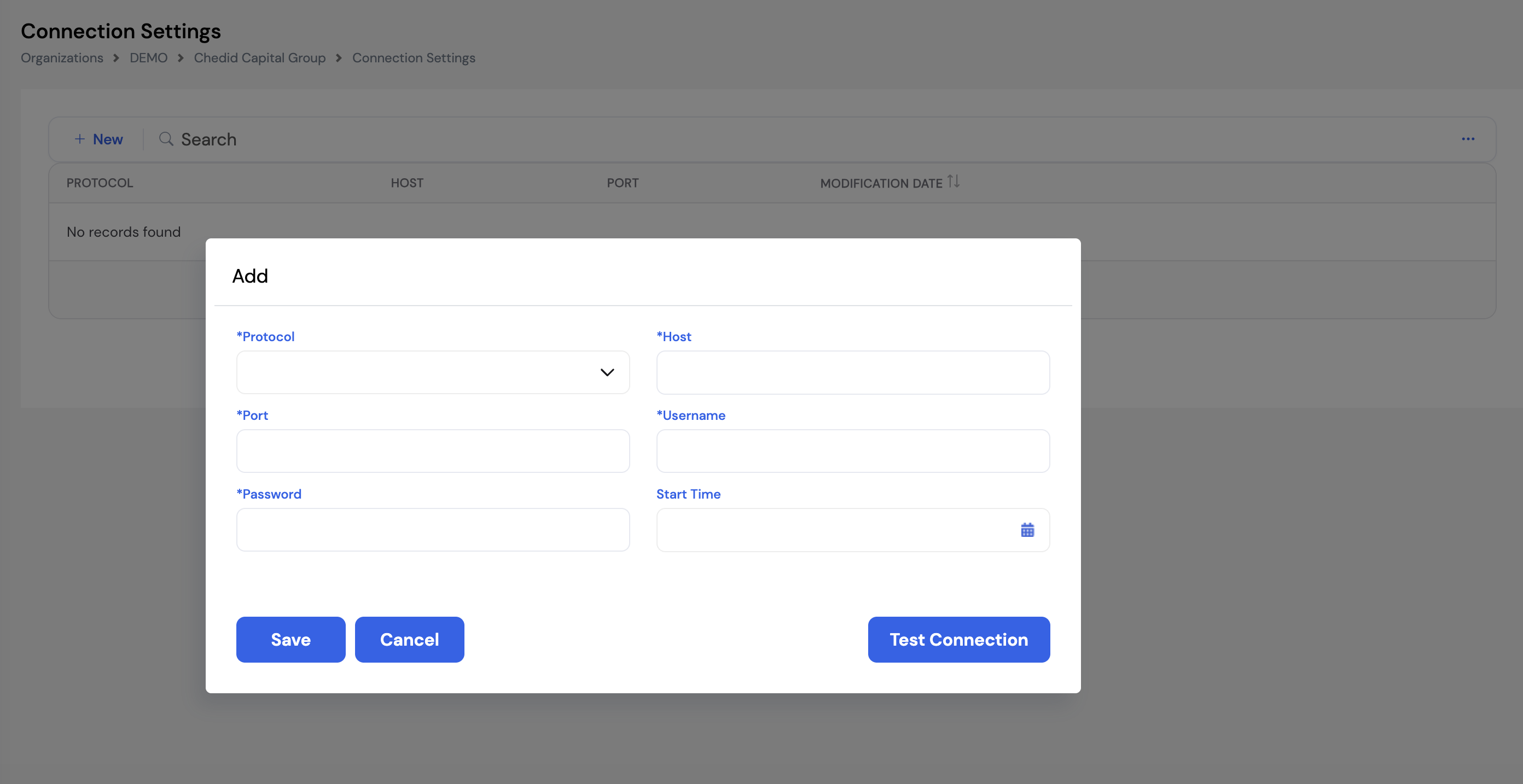 Connection Settings screen with Add dialog showing Protocol dropdown, Host, Port, Username, Password, Start Time fields and a Test Connection button