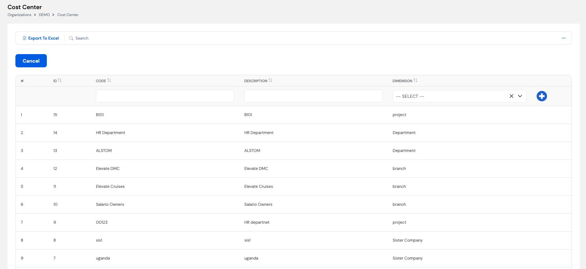 Cost Center list showing entries linked to Dimensions: project, Department, branch, Sister Company with Code, Description and Dimension columns