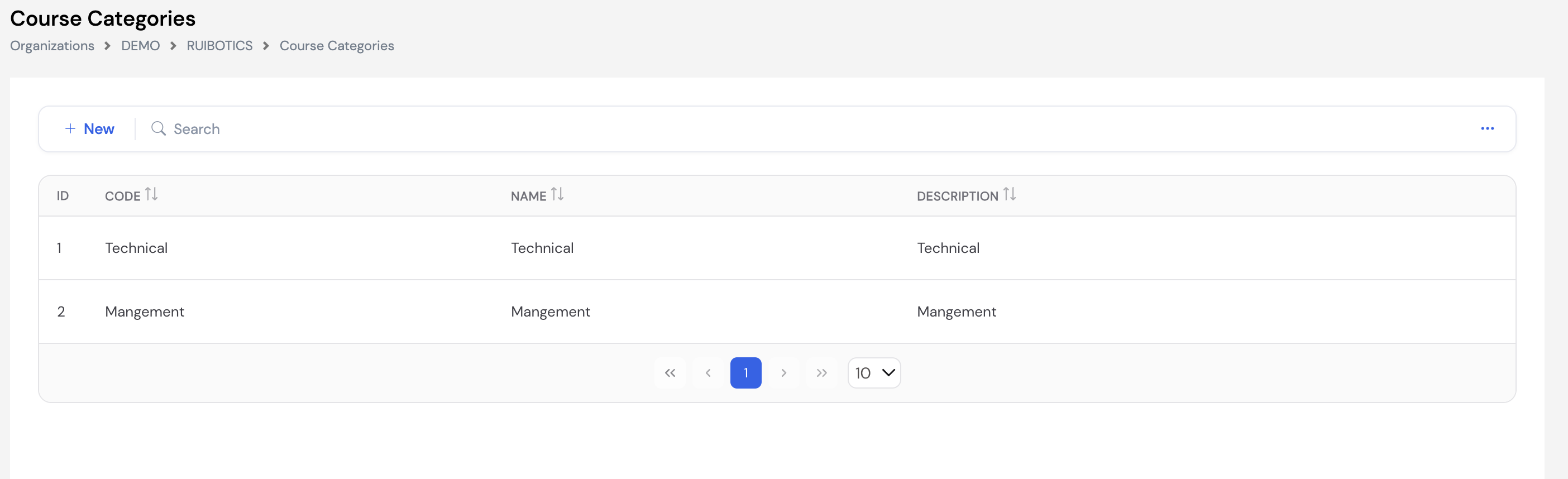 Course Categories list showing two entries: Technical and Management with ID, Code, Name and Description columns