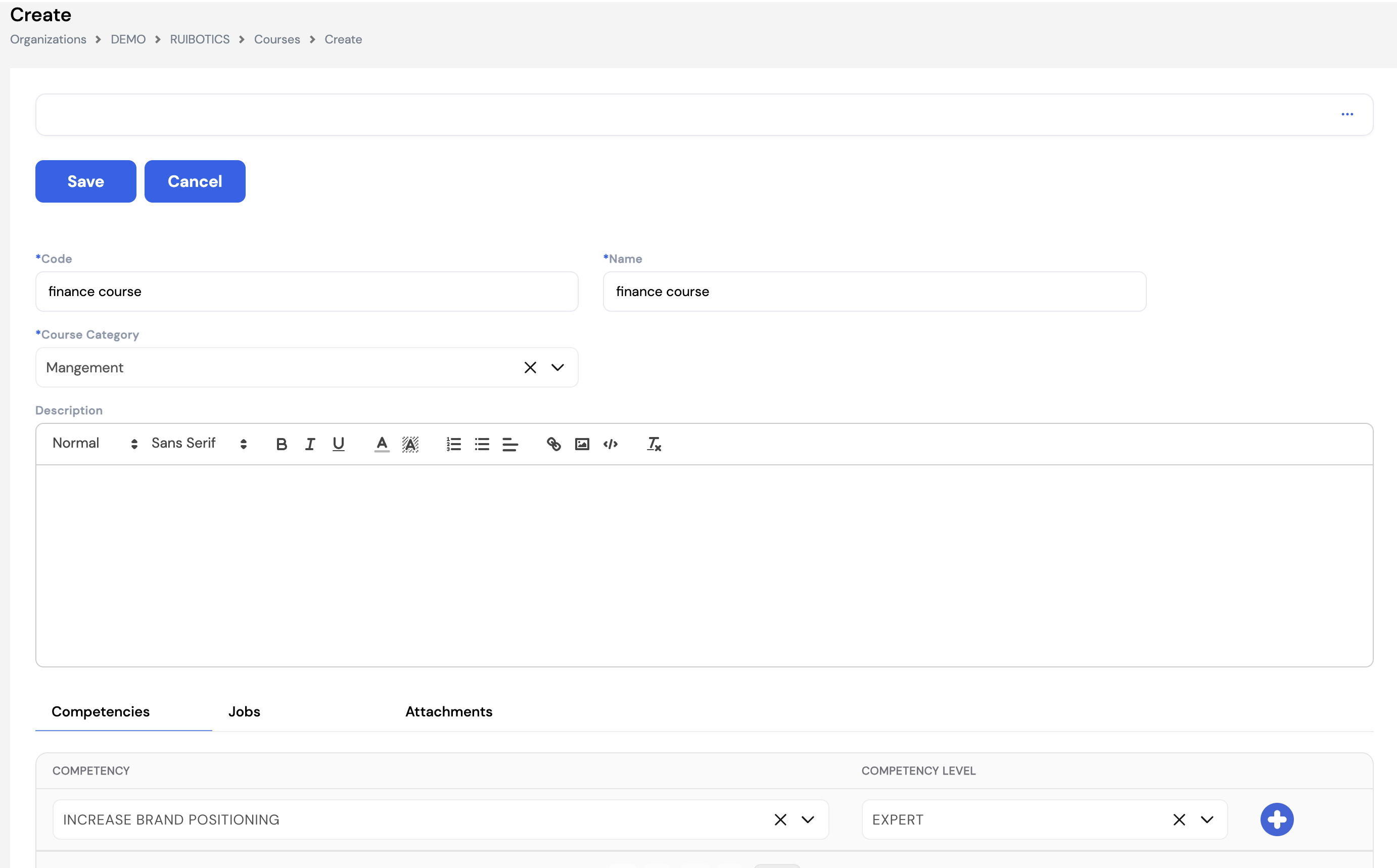 Course creation form showing Code, Name, Course Category, Description and three tabs: Competencies (with Competency and Competency Level columns), Jobs and Attachments