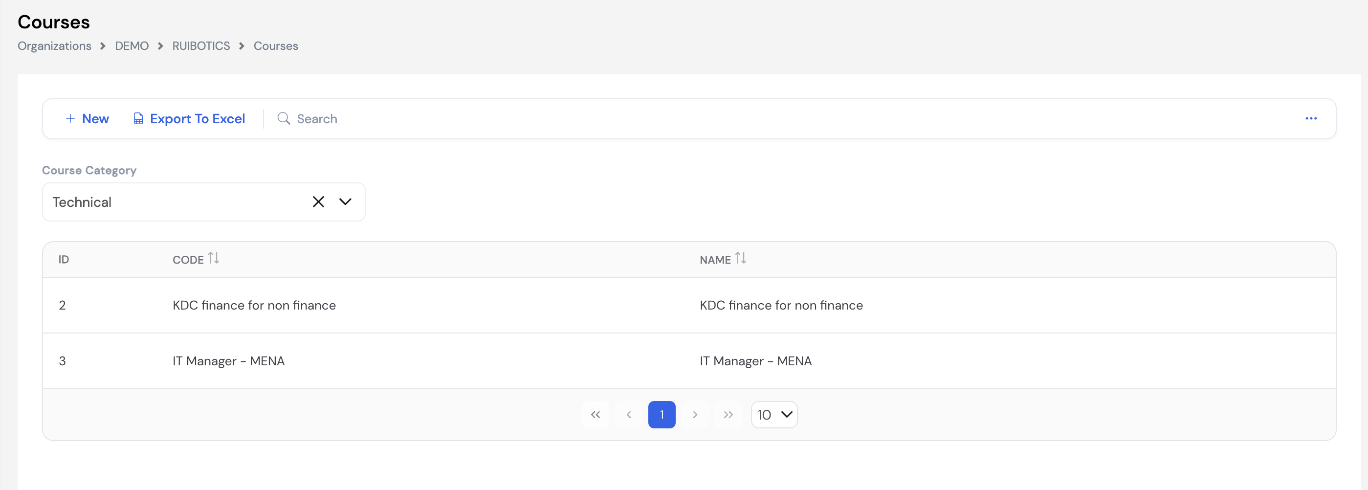 Courses list filtered by Technical category showing KDC finance for non finance and IT Manager - MENA with ID, Code and Name columns
