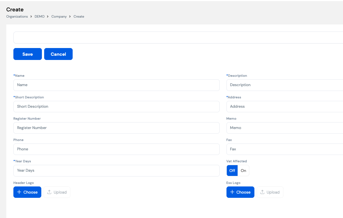 Create Company form showing Name, Description, Short Description, Address, Register Number, Memo, Phone, Fax, Year Days, VAT Affected toggle, Header Logo and ESS Logo upload fields