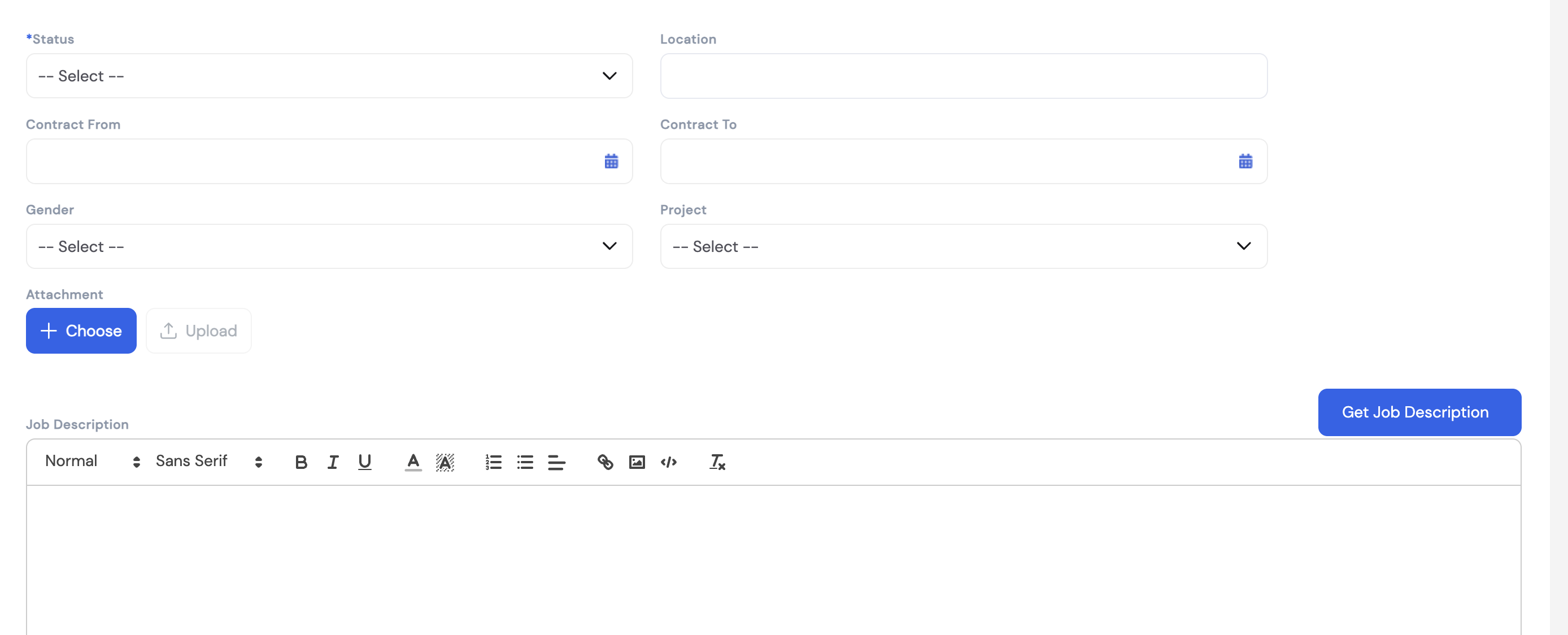 Create Job Opening form — continued fields: Status, Location, Contract From/To, Gender, Project, Attachment, Job Description editor with Get Job Description button