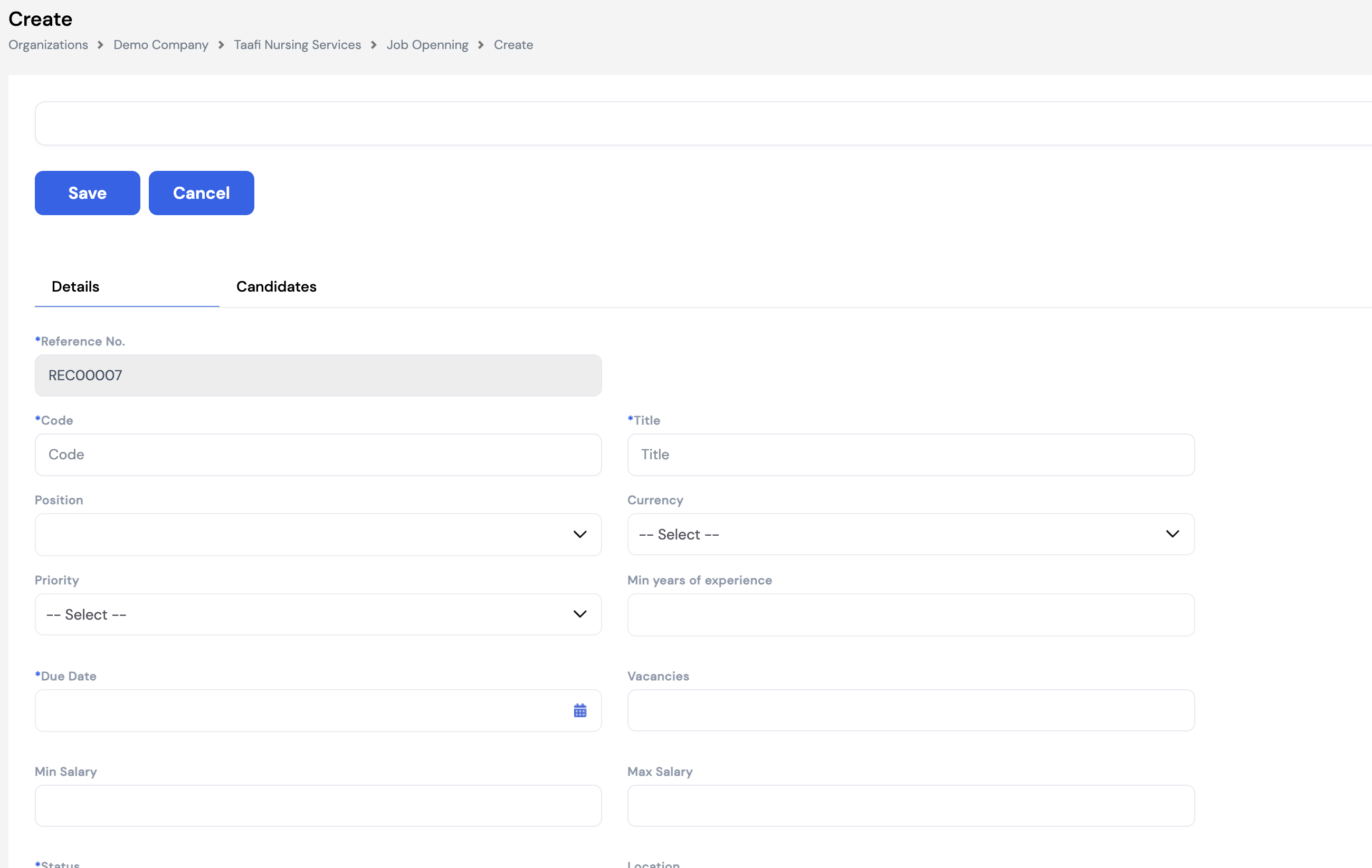 Create Job Opening form — Details tab showing Reference No, Code, Title, Position, Currency, Priority, Min Years of Experience, Due Date, Vacancies, Min Salary, Max Salary