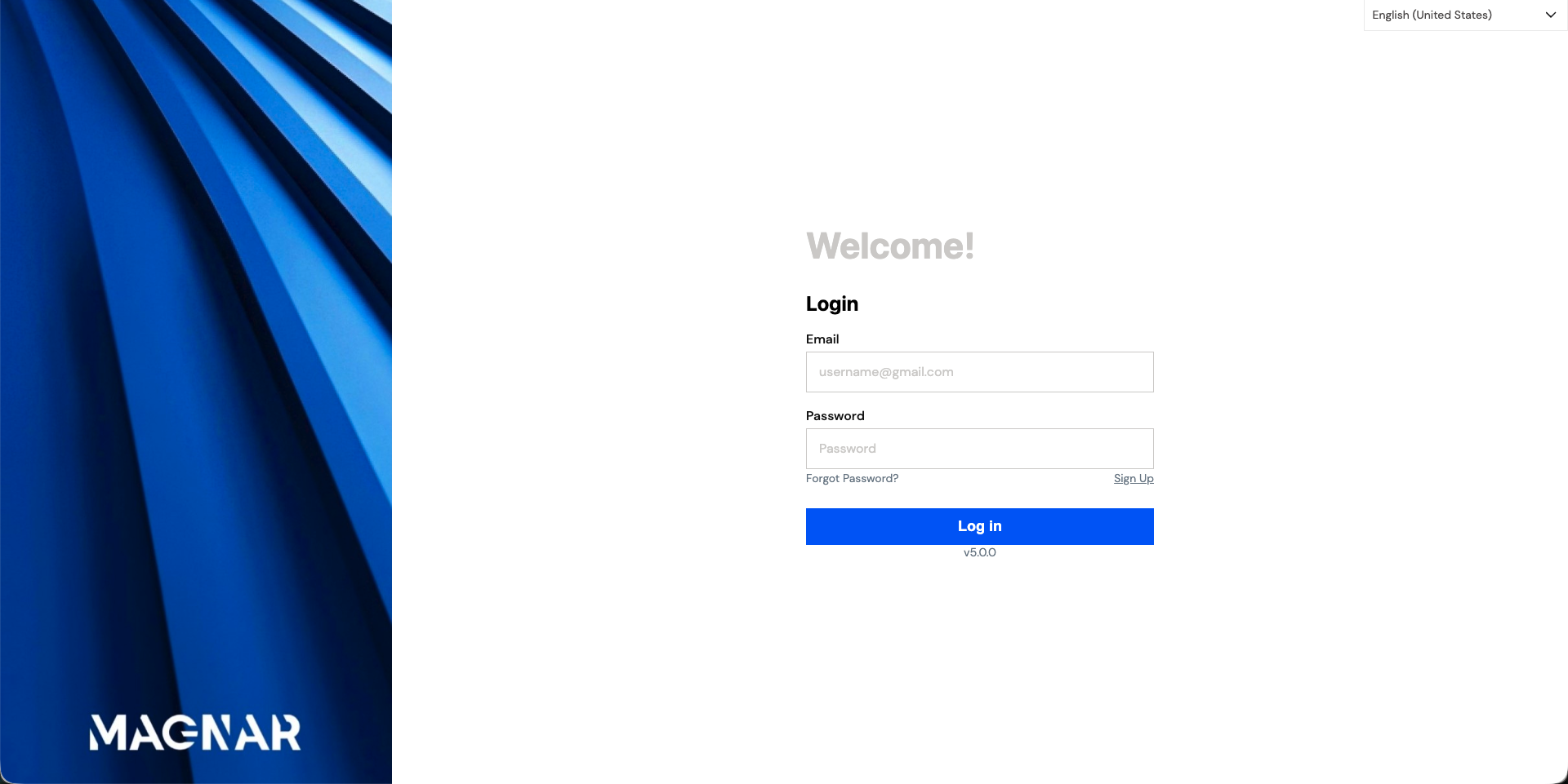 Magnar HCM desktop login screen in English showing Email and Password fields with a Log In button