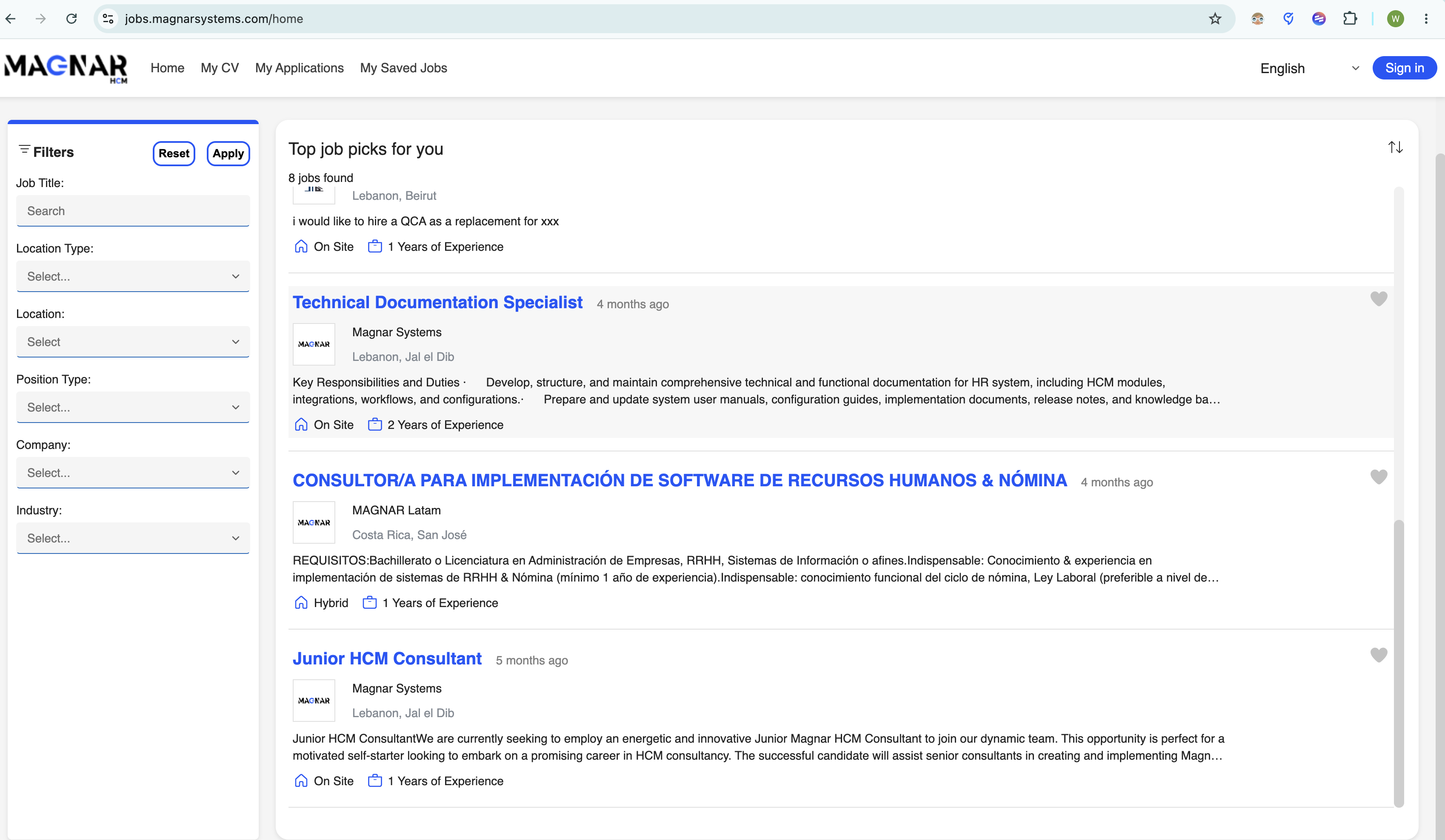 Magnar e-Recruitment Portal at jobs.magnarsystems.com showing job listings with filters for Job Title, Location Type, Location, Position Type, Company, and Industry