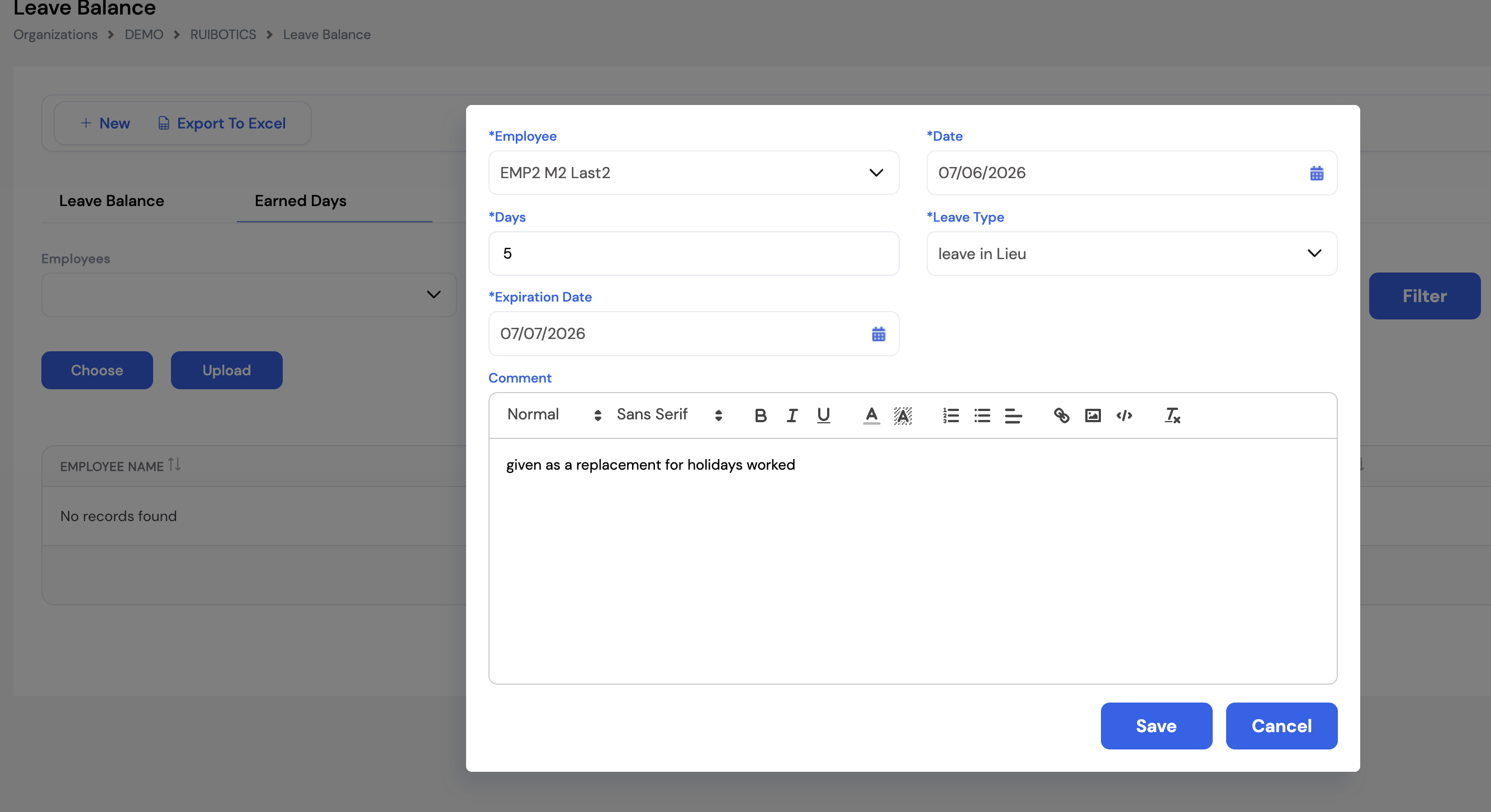 Add Leave Balance dialog showing Employee (EMP2 M2 Last2), Date (07/06/2026), Days (5), Leave Type (leave in Lieu), Expiration Date (07/07/2026) and Comment (given as a replacement for holidays worked)