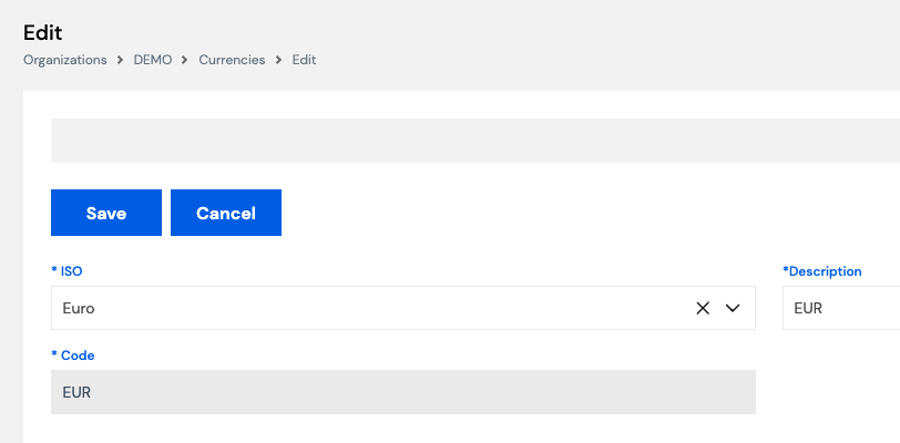 Edit currency form pre-populated with Euro ISO, EUR description and EUR code