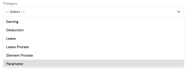 Category dropdown showing options: Earning, Deduction, Leave, Leave Prorate, Element Prorate, Parameter, Other, Basic Salary, Allowance
