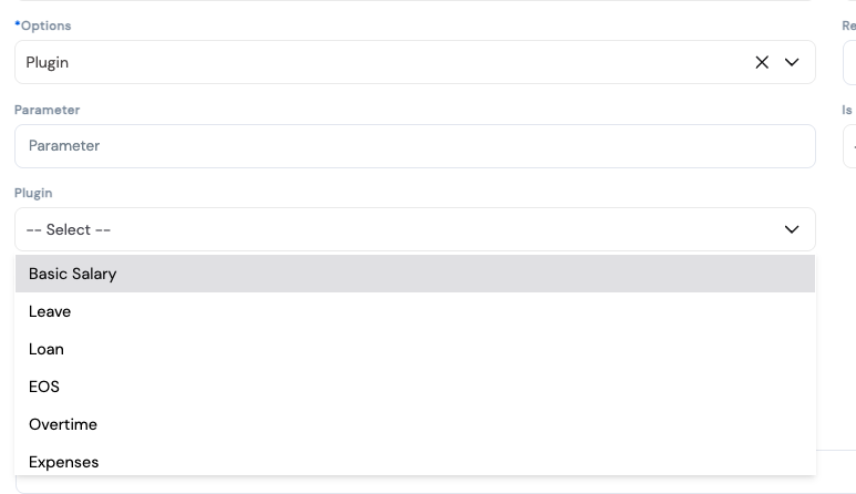 Plugin dropdown showing options: Basic Salary, Leave, Loan, EOS, Overtime, Expenses
