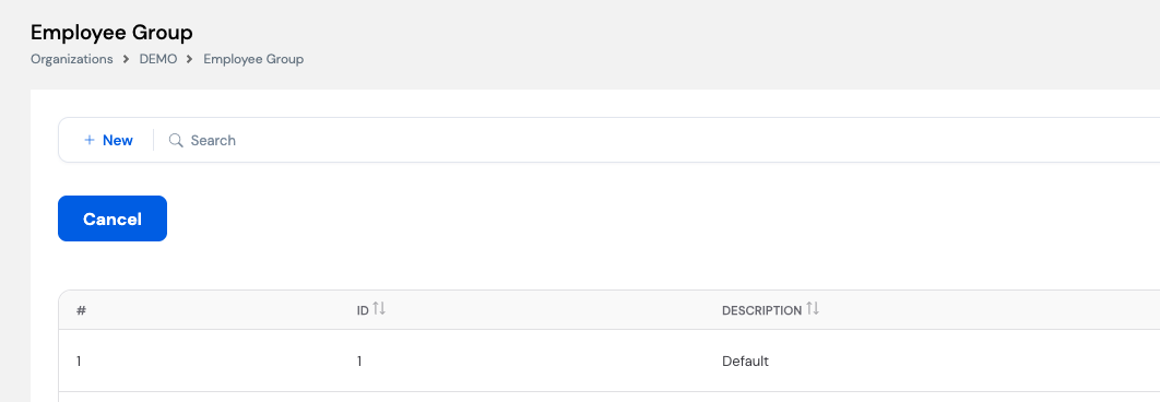 Employee Group list showing one entry: Default, with ID and Description columns