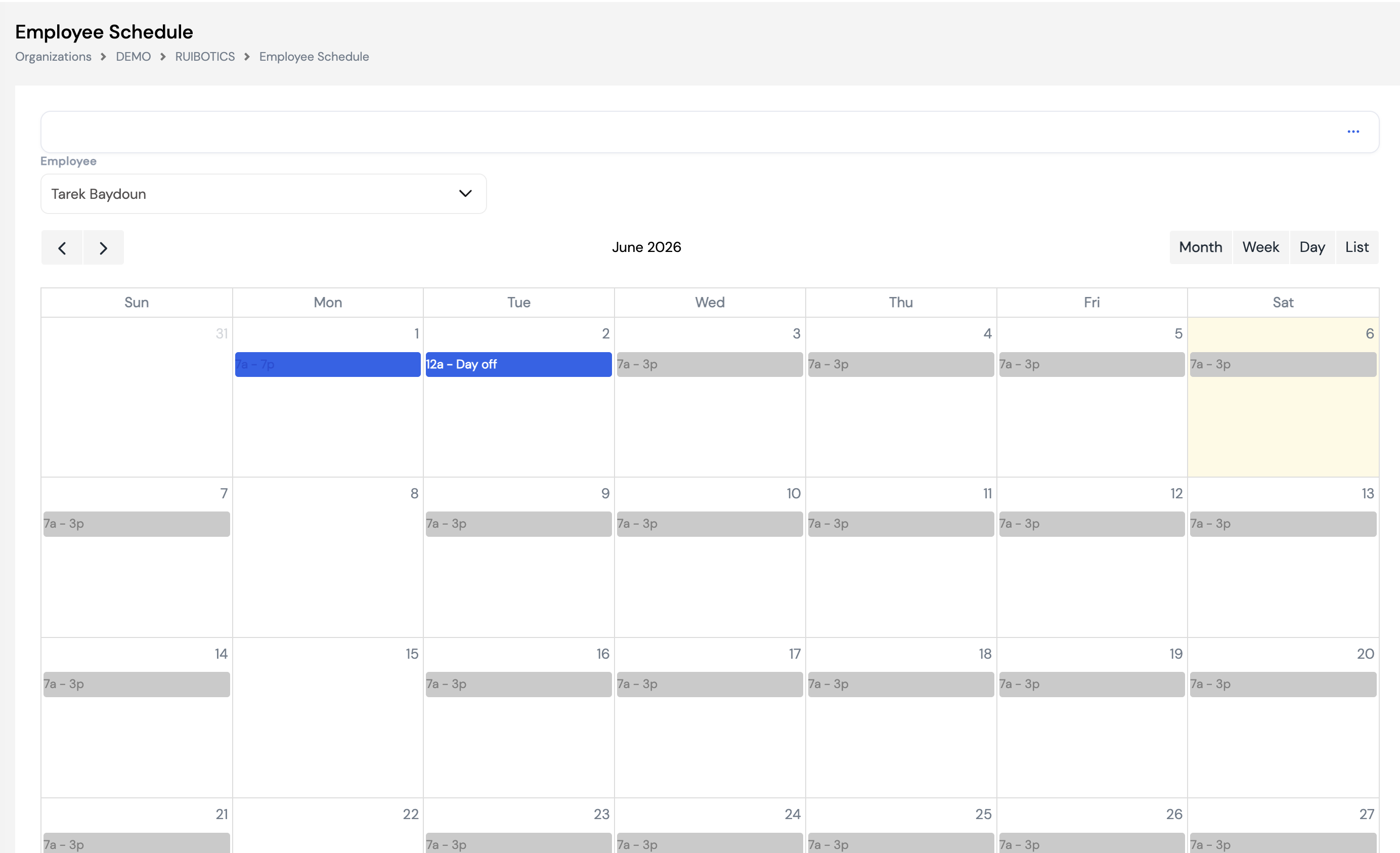 Employee Schedule calendar for Tarek Baydoun showing June 2026 with 7a-3p shifts on most working days and a Day off on June 2. Saturdays are highlighted in yellow as rest days.