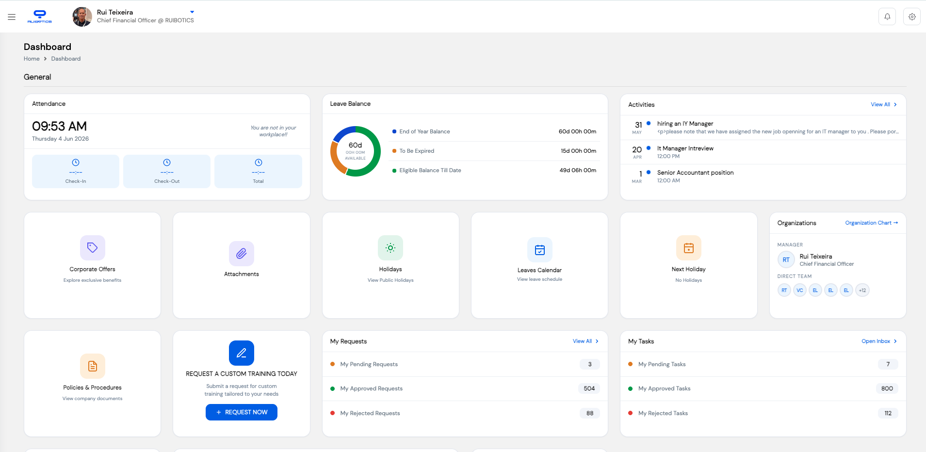 ESS Dashboard showing leave balance, holidays, timesheet, worksheet, and open trainings widgets