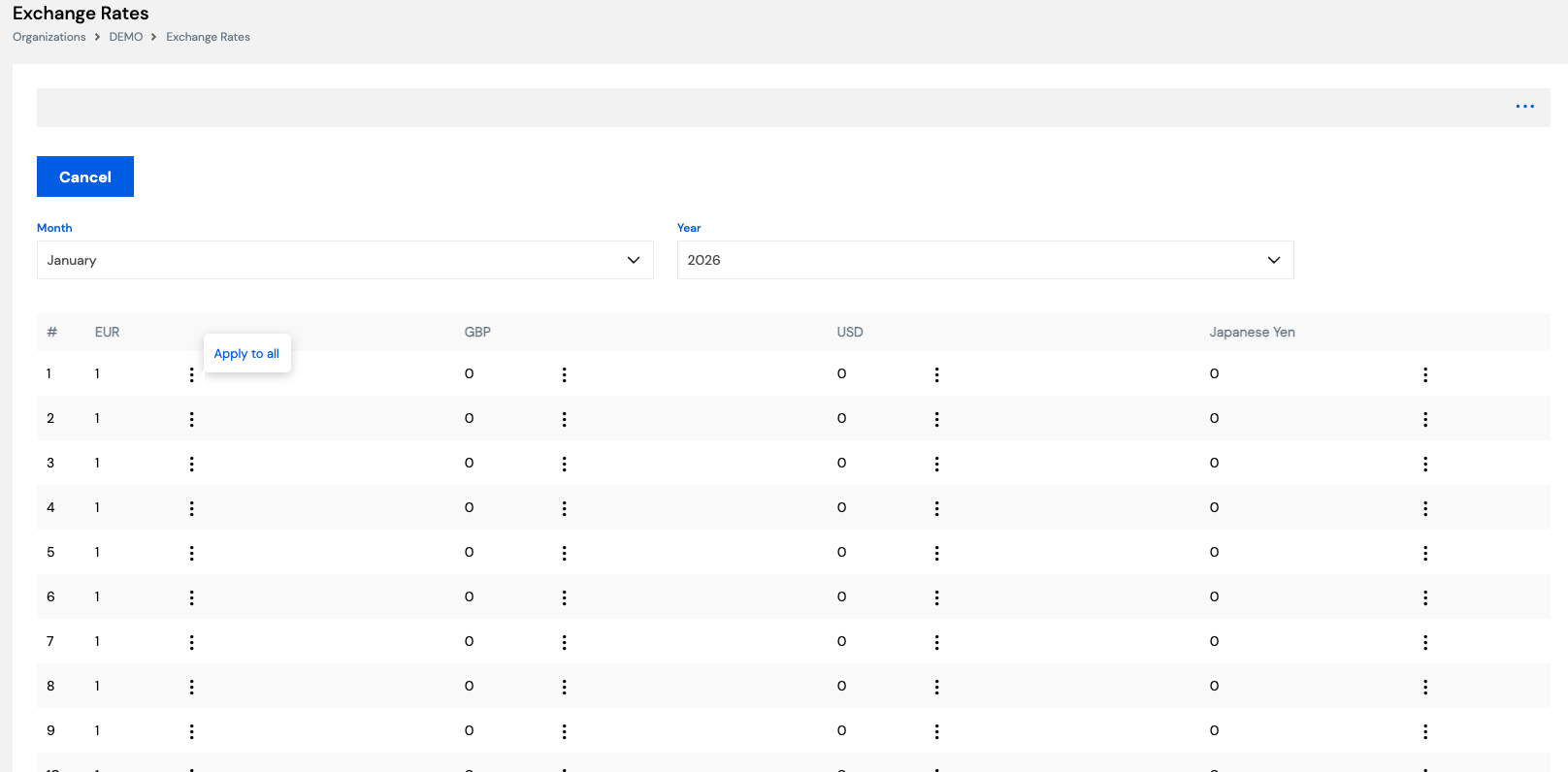 Exchange Rates screen showing a monthly grid with rows for each day and columns for EUR, GBP, USD and Japanese Yen with an Apply to all option