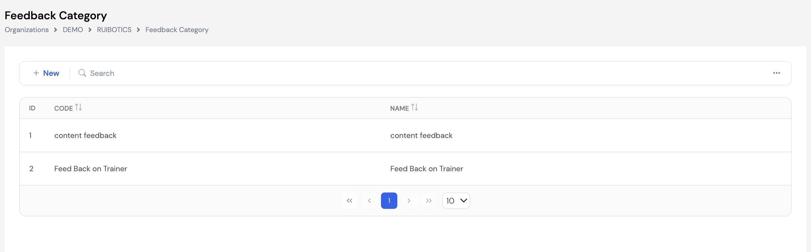 Feedback Category list showing two entries: content feedback and Feed Back on Trainer with ID, Code and Name columns
