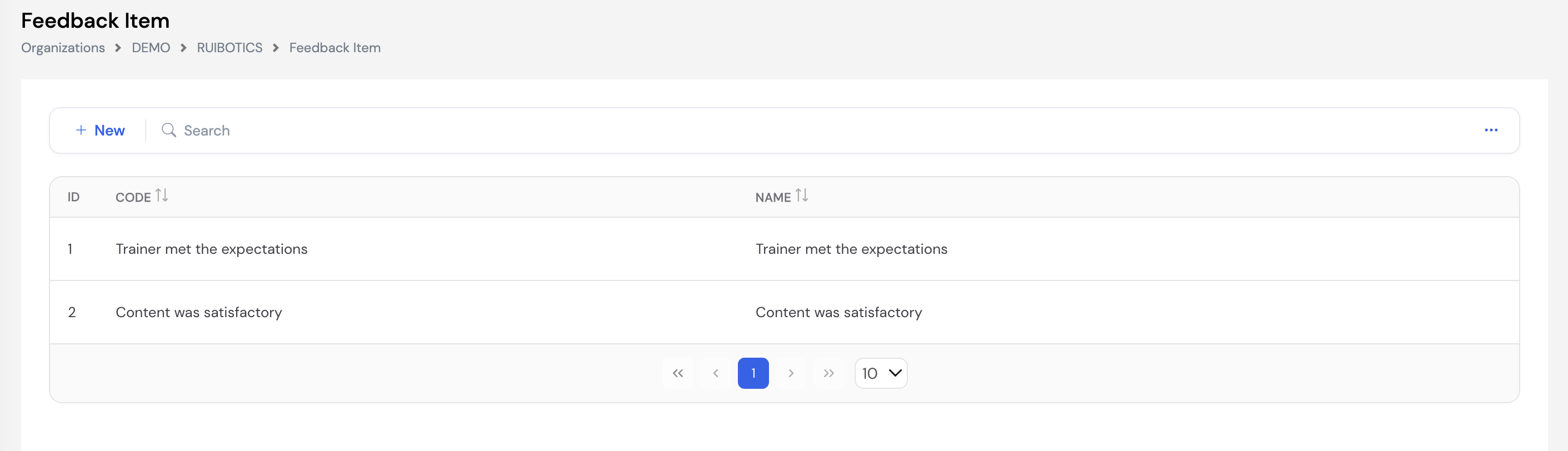 Feedback Item list showing two entries: Trainer met the expectations and Content was satisfactory with ID, Code and Name columns