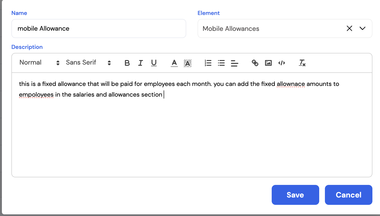 Fixed Allowance create form showing Name (mobile Allowance), Element (Mobile Allowances) and Description rich-text field explaining this is a fixed allowance paid monthly with amounts set in the salaries and allowances section