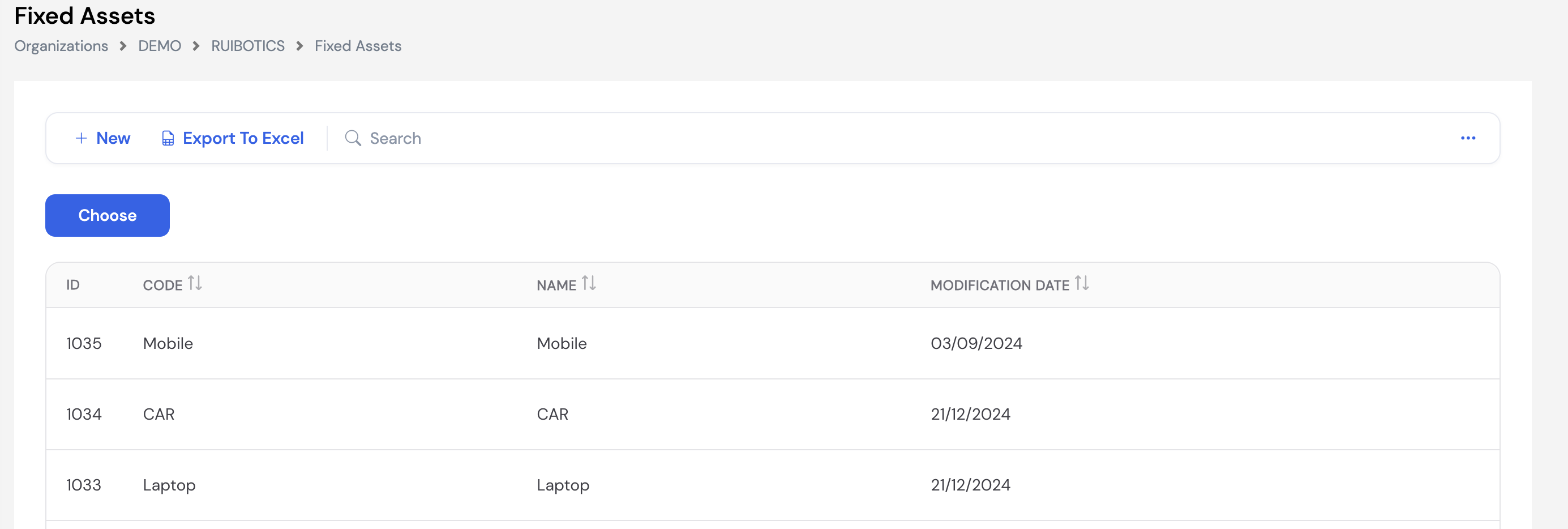 Fixed Assets list showing Mobile (ID 1035, modified 03/09/2024), CAR (ID 1034, modified 21/12/2024) and Laptop (ID 1033, modified 21/12/2024) with ID, Code, Name and Modification Date columns