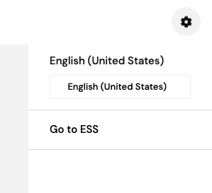 Top-right settings dropdown in HR and Payroll system showing Go to ESS option
