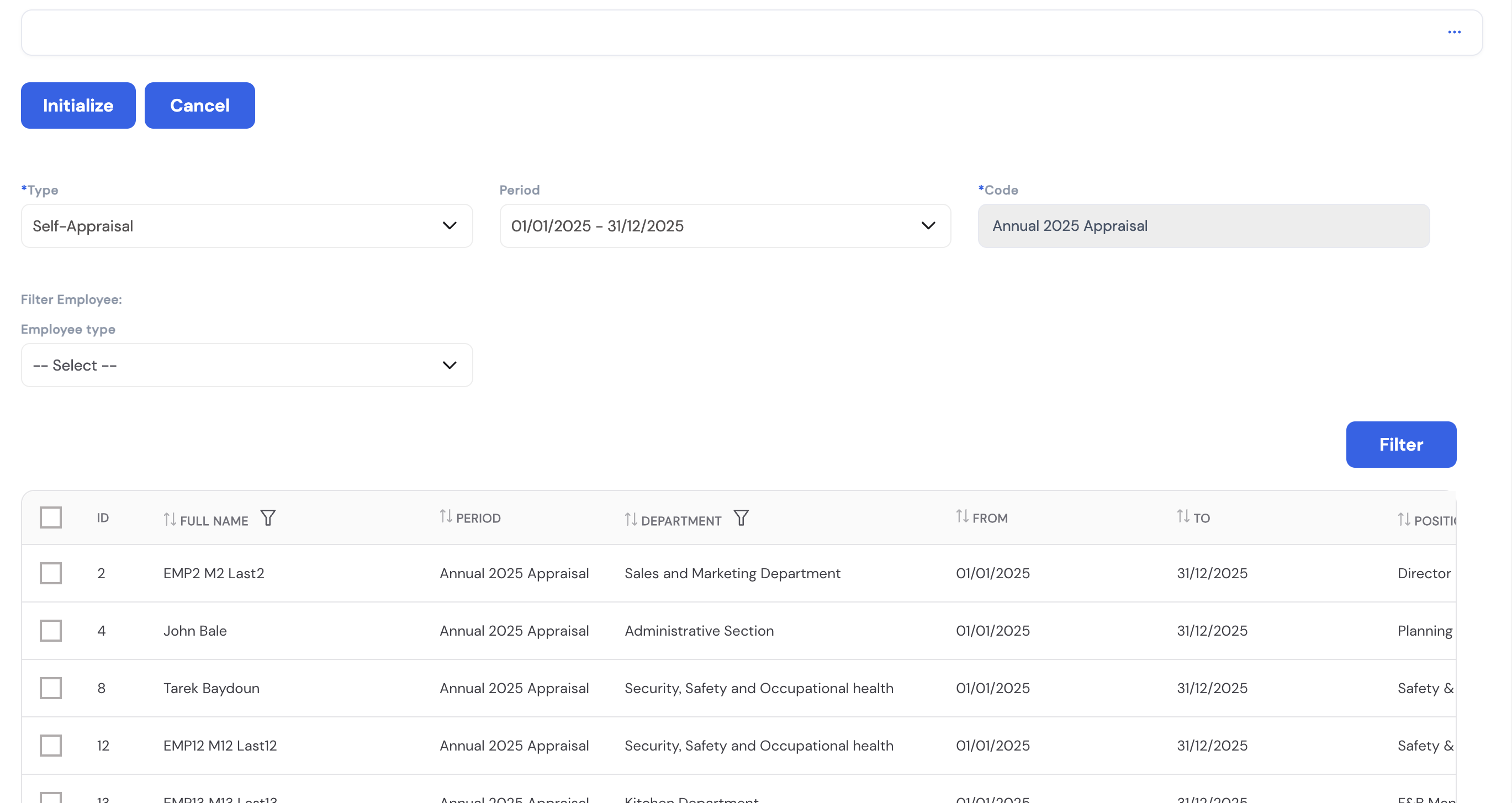 Initiate Appraisal screen showing Type: Self-Appraisal, Period: 01/01/2025–31/12/2025, Code: Annual 2025 Appraisal, Filter by Employee Type, and employee list with department, period, and position columns