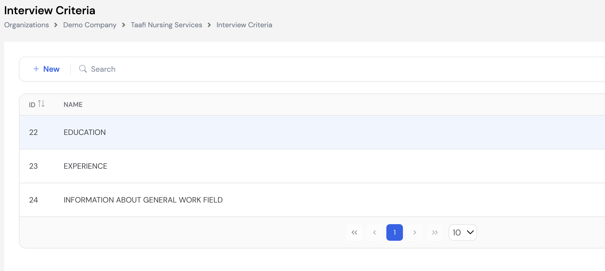 Interview Criteria list showing Education, Experience, Information About General Work Field