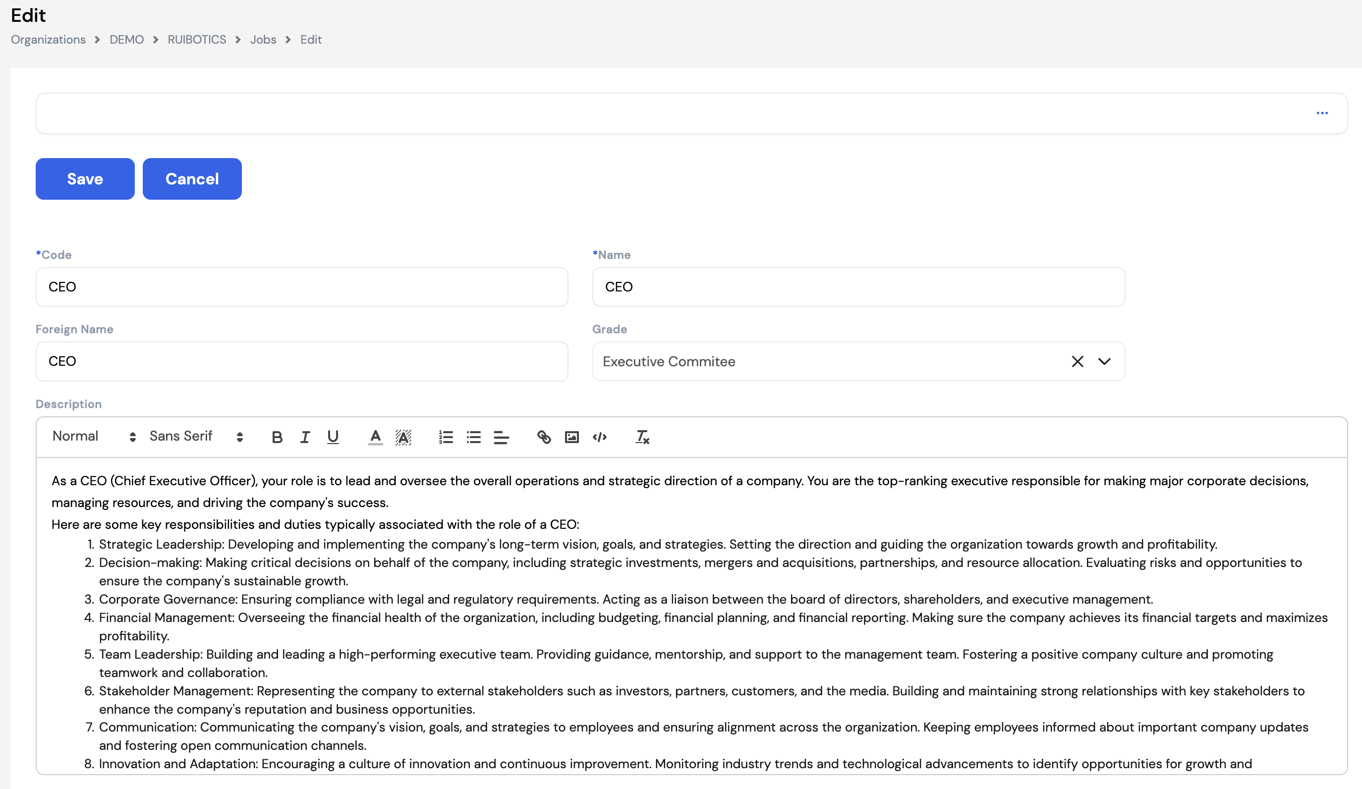 Edit Job form showing Code (CEO), Name (CEO), Foreign Name (CEO), Grade (Executive Committee) and a rich-text Description field with detailed CEO responsibilities