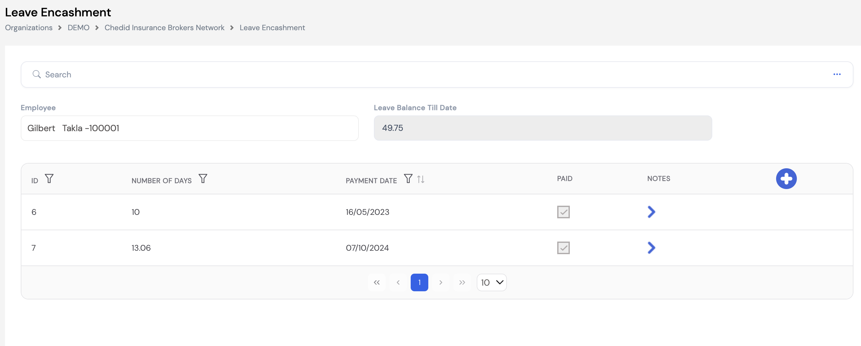 Leave Encashment screen for Gilbert Takla showing Leave Balance Till Date (49.75) and two encashment records: 10 days (16/05/2023, Paid) and 13.06 days (07/10/2024, Paid) with ID, Number of Days, Payment Date, Paid and Notes columns