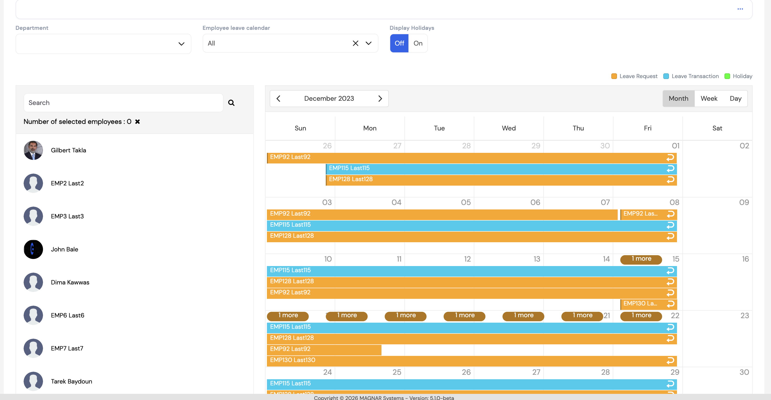 Leaves Calendar showing December 2023 in month view with a left panel listing employees and a calendar grid displaying leave bars color-coded: orange for Leave Request (pending/approved) and blue for Leave Transaction (processed). Filters include Department, Employee leave calendar dropdown and Display Holidays toggle.