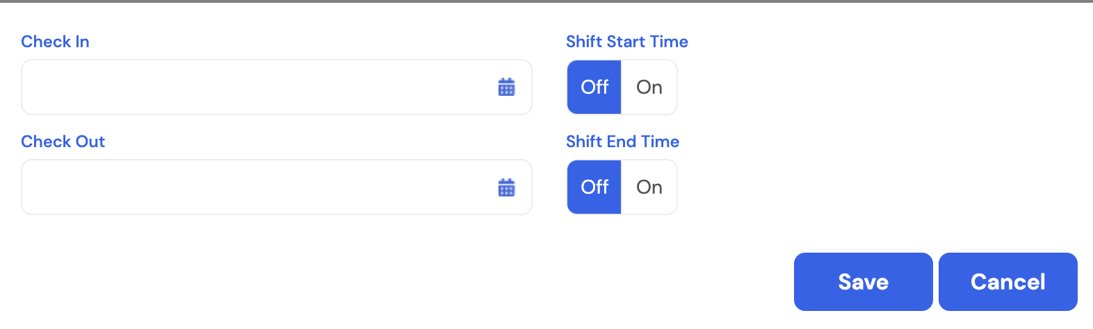 Mass Update dialog showing Check In date, Check Out date, Shift Start Time toggle (Off/On) and Shift End Time toggle (Off/On)
