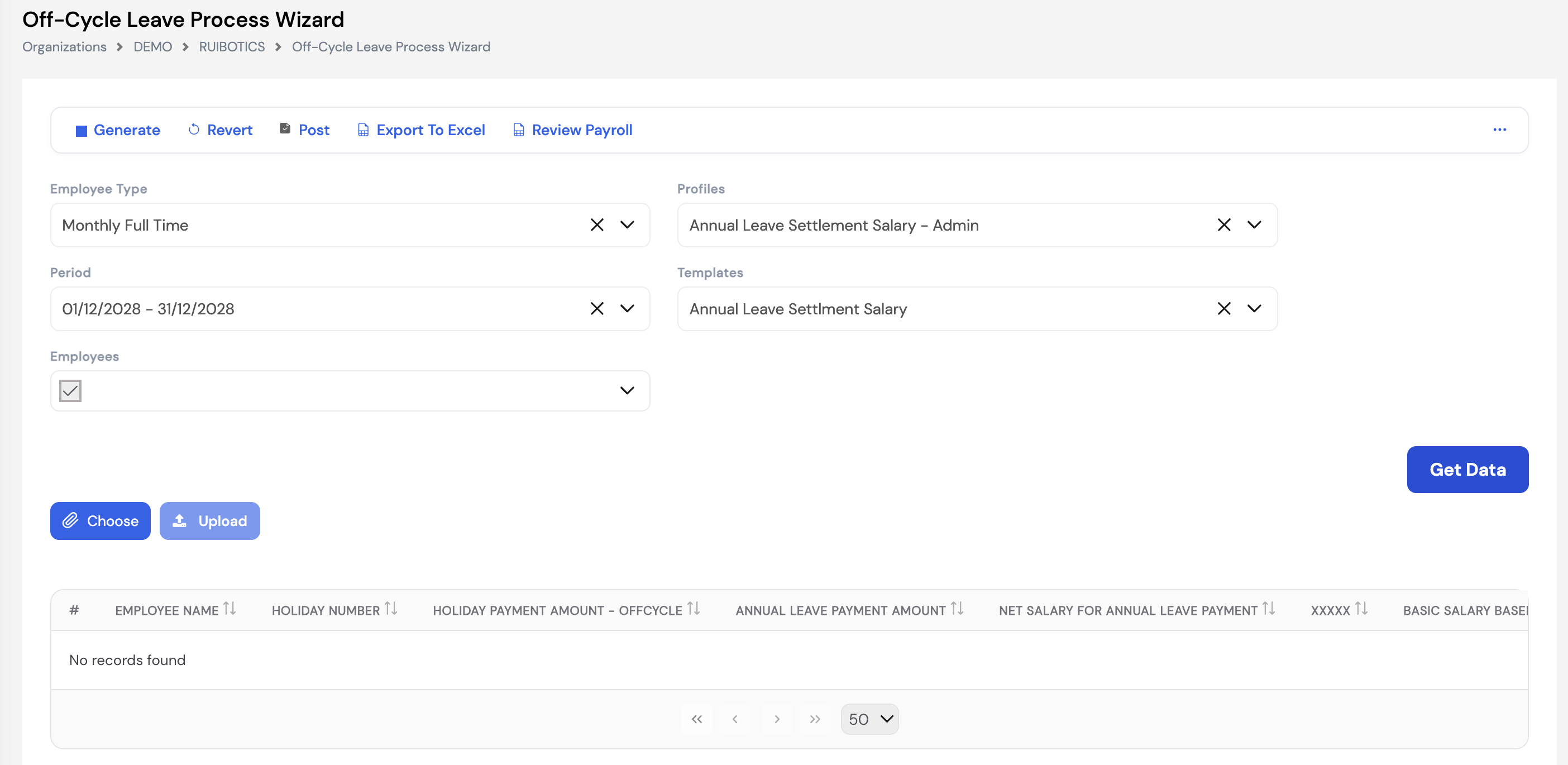 Off-Cycle Leave Process Wizard screen showing Generate, Revert, Post, Export to Excel and Review Payroll buttons with Employee Type, Profiles (Annual Leave Settlement Salary - Admin), Period, Templates (Annual Leave Settlement Salary), Employees filters, Choose and Upload buttons, and results grid with Holiday Number, Holiday Payment Amount Off-Cycle, Annual Leave Payment Amount, Net Salary for Annual Leave Payment and Basic Salary Base columns