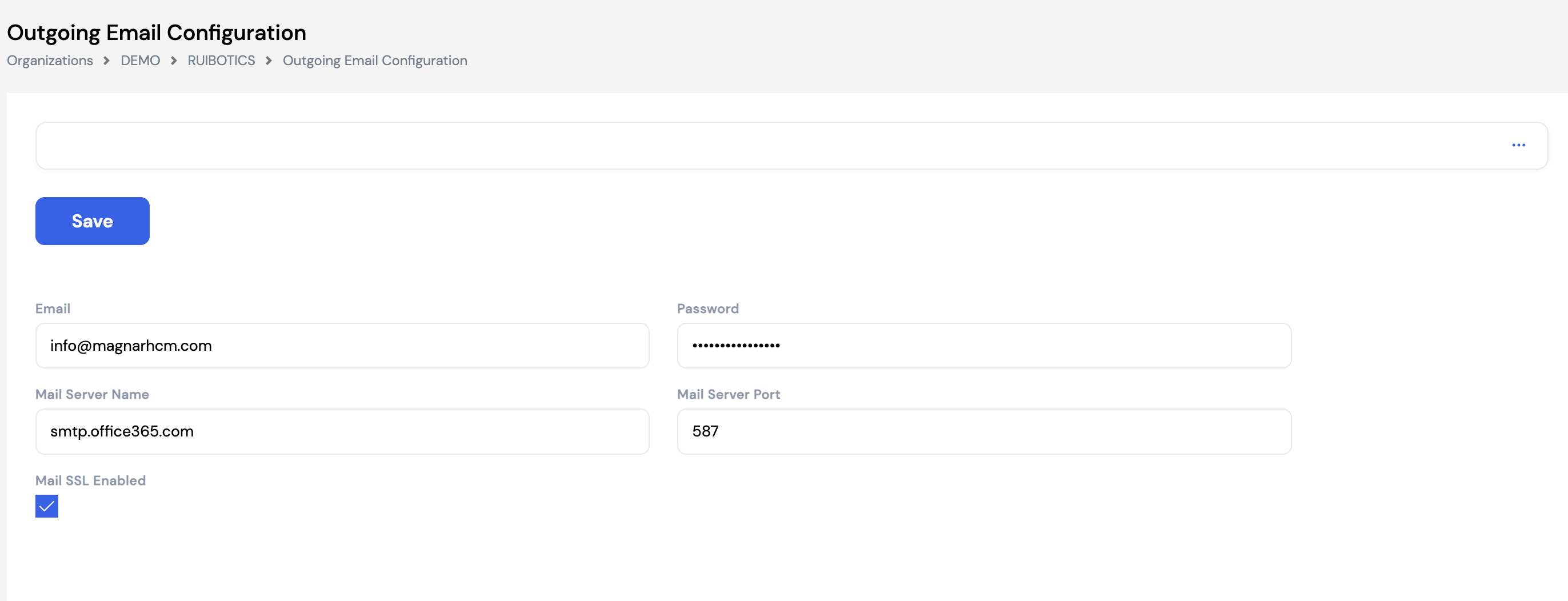 Outgoing Email Configuration screen showing Email (info@magnarhcm.com), Password, Mail Server Name (smtp.office365.com), Mail Server Port (587) and Mail SSL Enabled checkbox